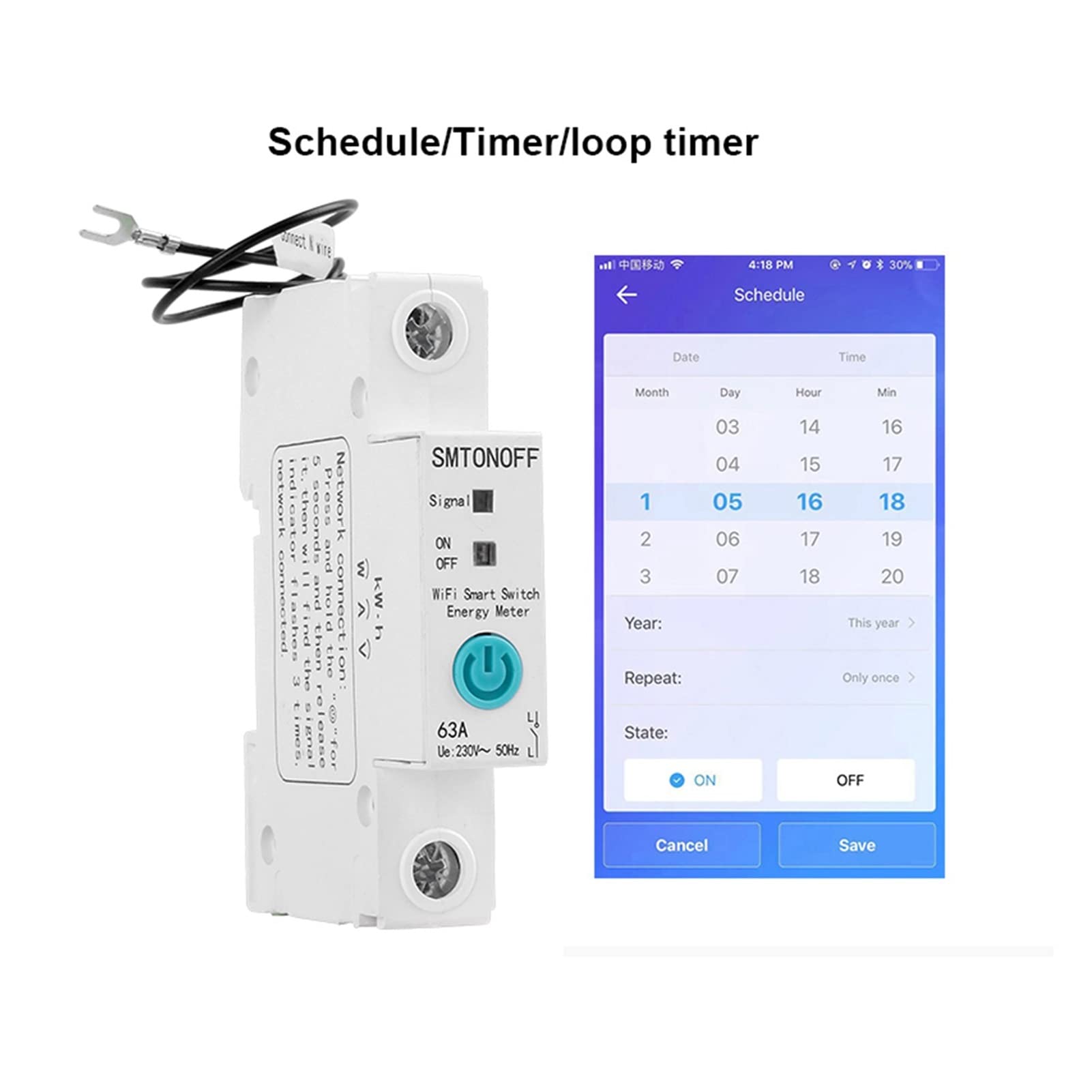 Interruptor de medidor de potencia inteligente, 1p riel DIN monofásico WIFI Medidor de energía inteligente Consumo de energía KWH Meter Wattmeter con Alexa for hogar inteligente Controle cómodamente s