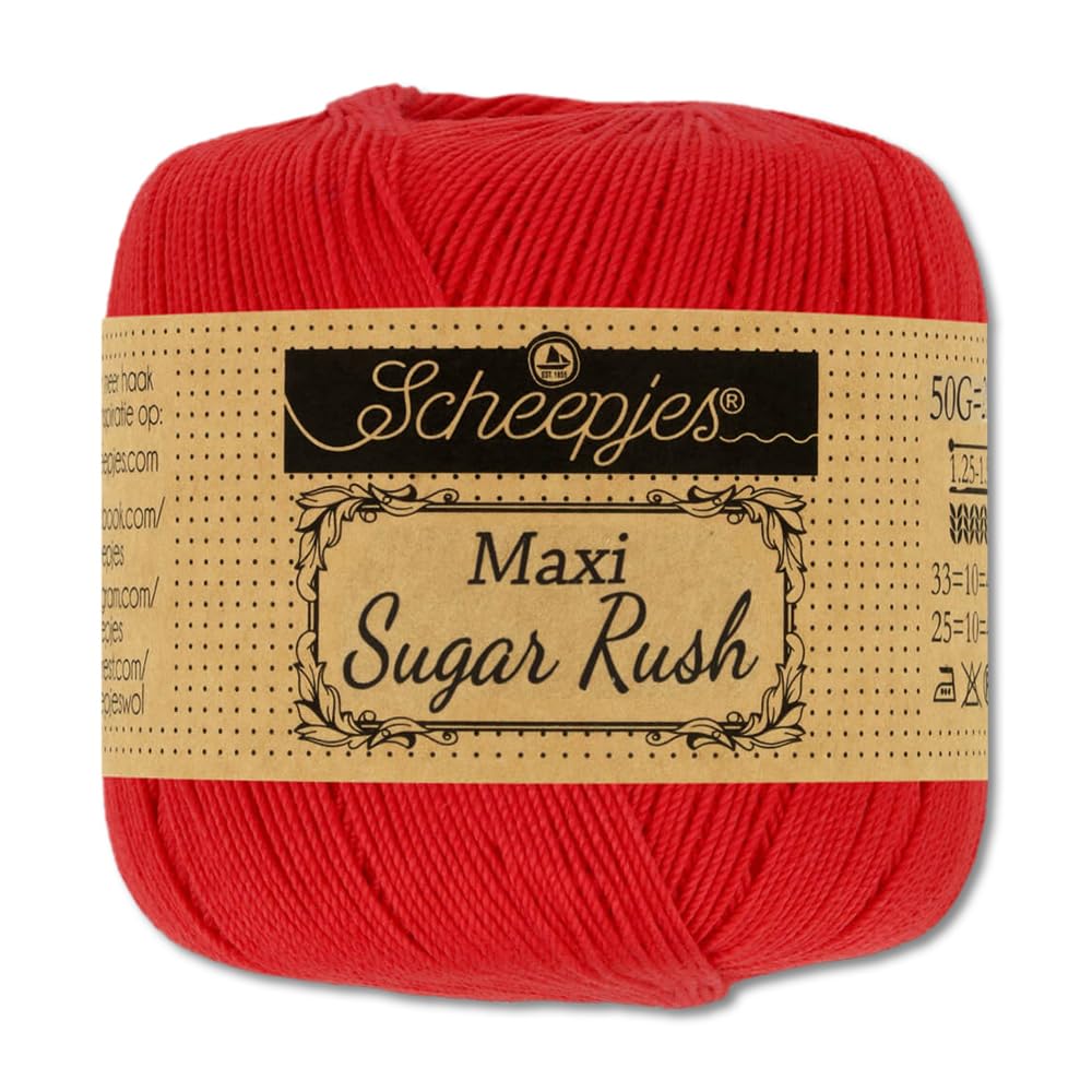 Frida's Wollhaus Scheepjes 1.76 oz (50 g) Maxi Sugar Rush Crochet Yarn Fillet Crochet Cotton 87 Colours (115 | Hot Red)