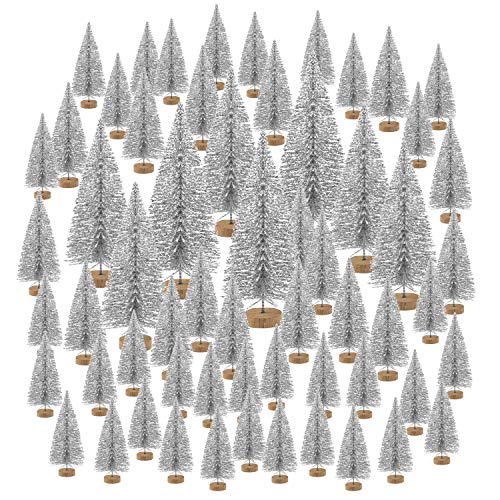 KUUQA 60 Pcs Mini Christmas Trees Bottle Brush Trees Tabletop Trees for Christmas House Decoration Diorama Models Christmas Village Accessories (Silver), Small Size Trees