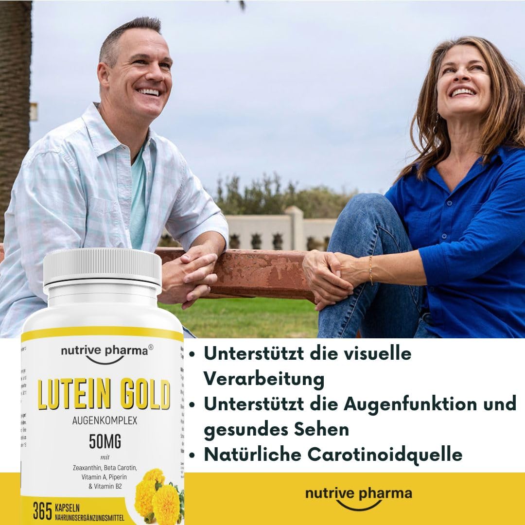 Lutein 50mg mit Zeaxanthin, Beta Carotin, Vitamin A & B2, Piperin | 365 Kapseln | Augengesundheit & Blaulicht-Schutz | Gentechnik- & glutenfrei | von nutrive pharma