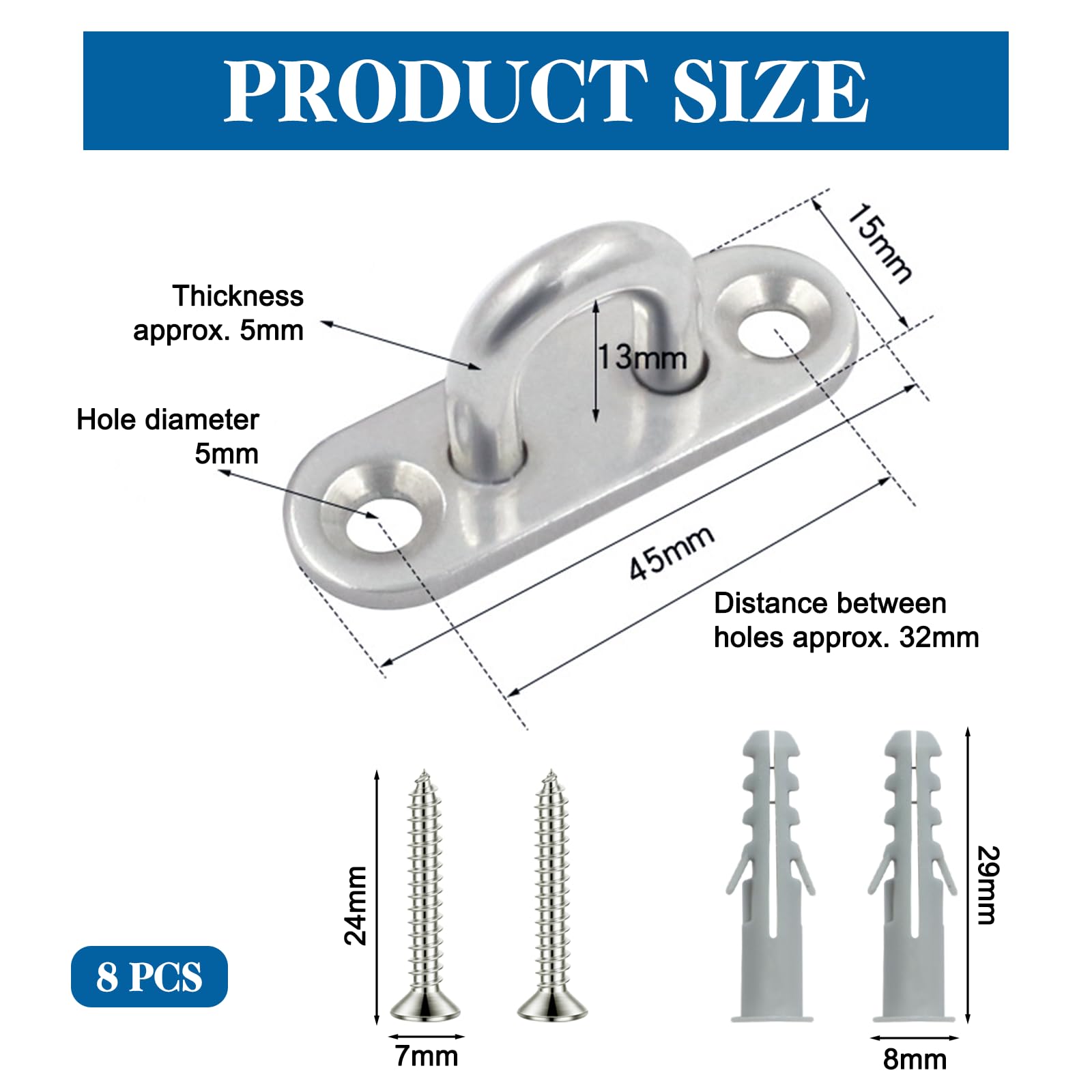 BORISCA 8 Pcs Stainless Steel Oblong Pad Eye Plate with 2 Hoods, M5 U Hooks with 16 Screws+Expansion Pipes - Image 2