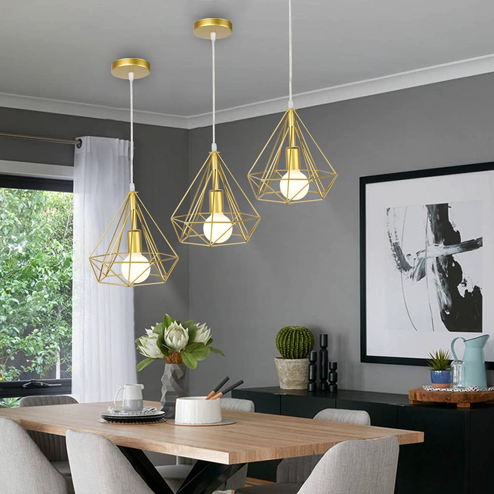 iDEGU Lampada a sospensione vintage 25 cm Lampada da soffitto industriale E27 Illuminazione a sospensione retrò per sala da pranzo, camera da letto, soggiorno, cucina (3 pezzi, oro)