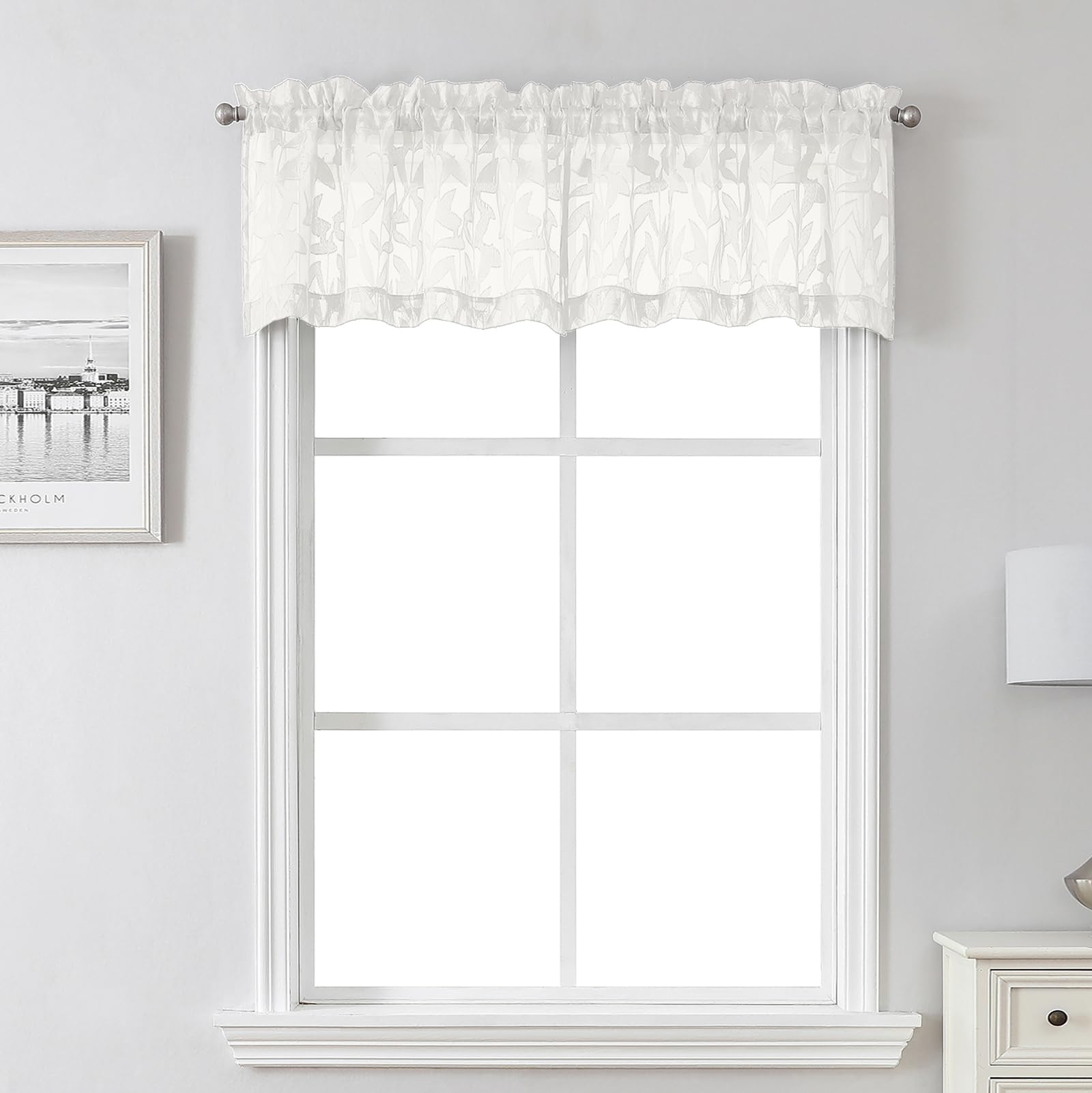 Lecloud Leia Ivory Sheer Valance for Windows 14 Inch Length 2 Pcs, Jacquard Leaf Textured Cafe Kitchen Short Curtains with Dual Rod Pockets, Small Curtain for Living Room Bedroom, 30" W x 14" L — image 1