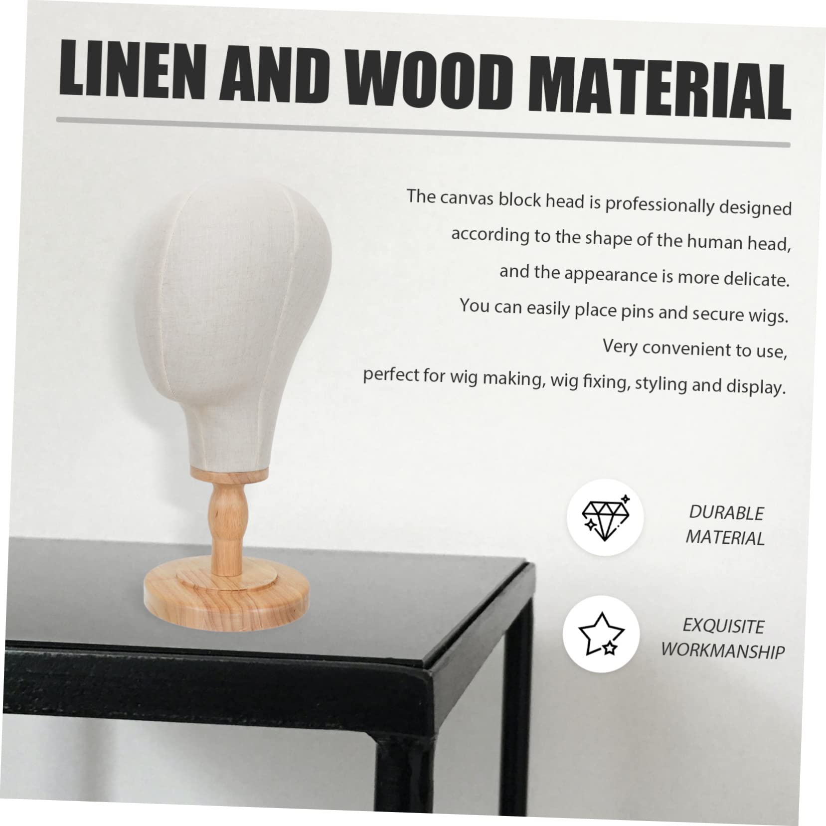 Housoutil Support Postiche en Lin Socle en Bois, Modèle Tête Bandeau pour Usage Quotidien et Affichage, pour Experts Capillaires et Présentation de Coiffures