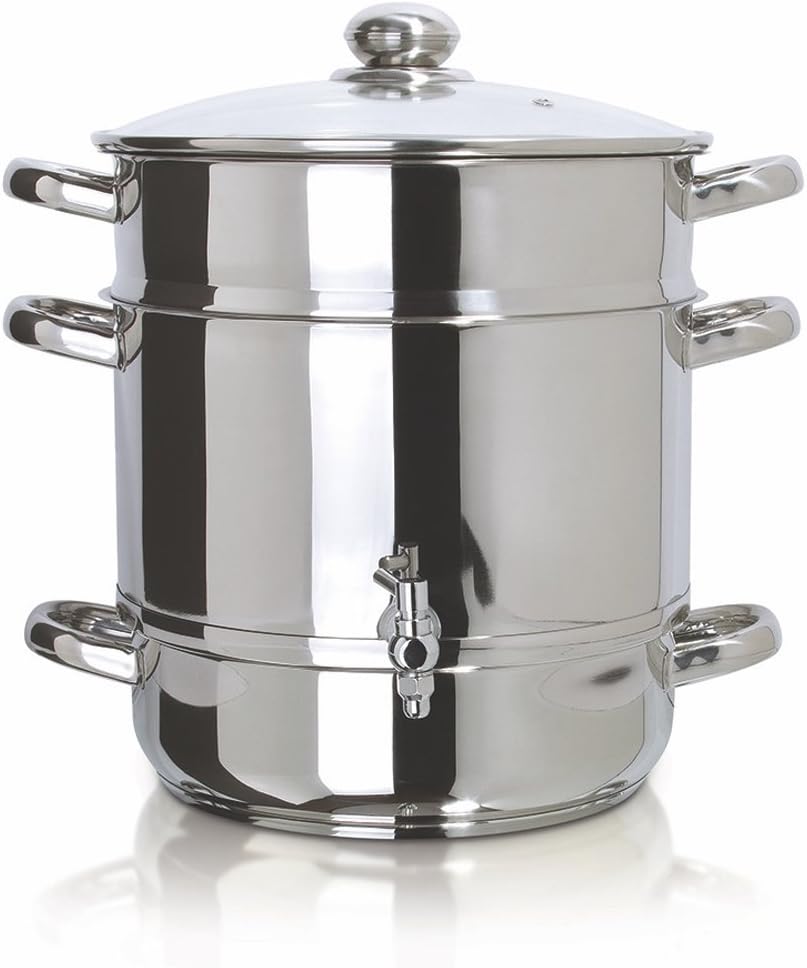 Euro Cuisine EC9500 Stove Top Steam Juicer, Stainless Steel Steam Juice Extractor, 5 Qt. Water Reservoir, 8 Qt. Juice Container with Spigot, 8 Qt. Steamer Basket, Glass Lid - Steam Juicer for Canning