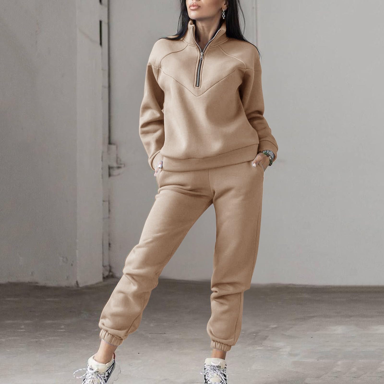 Tuta da donna, sportiva, elegante, 2 pezzi, per il tempo libero, con cappuccio | Tuta sportiva per fitness, escursionismo, tuta da jogging con mezza zip e pantaloni lunghi, 2 pezzi, per autunno e inverno