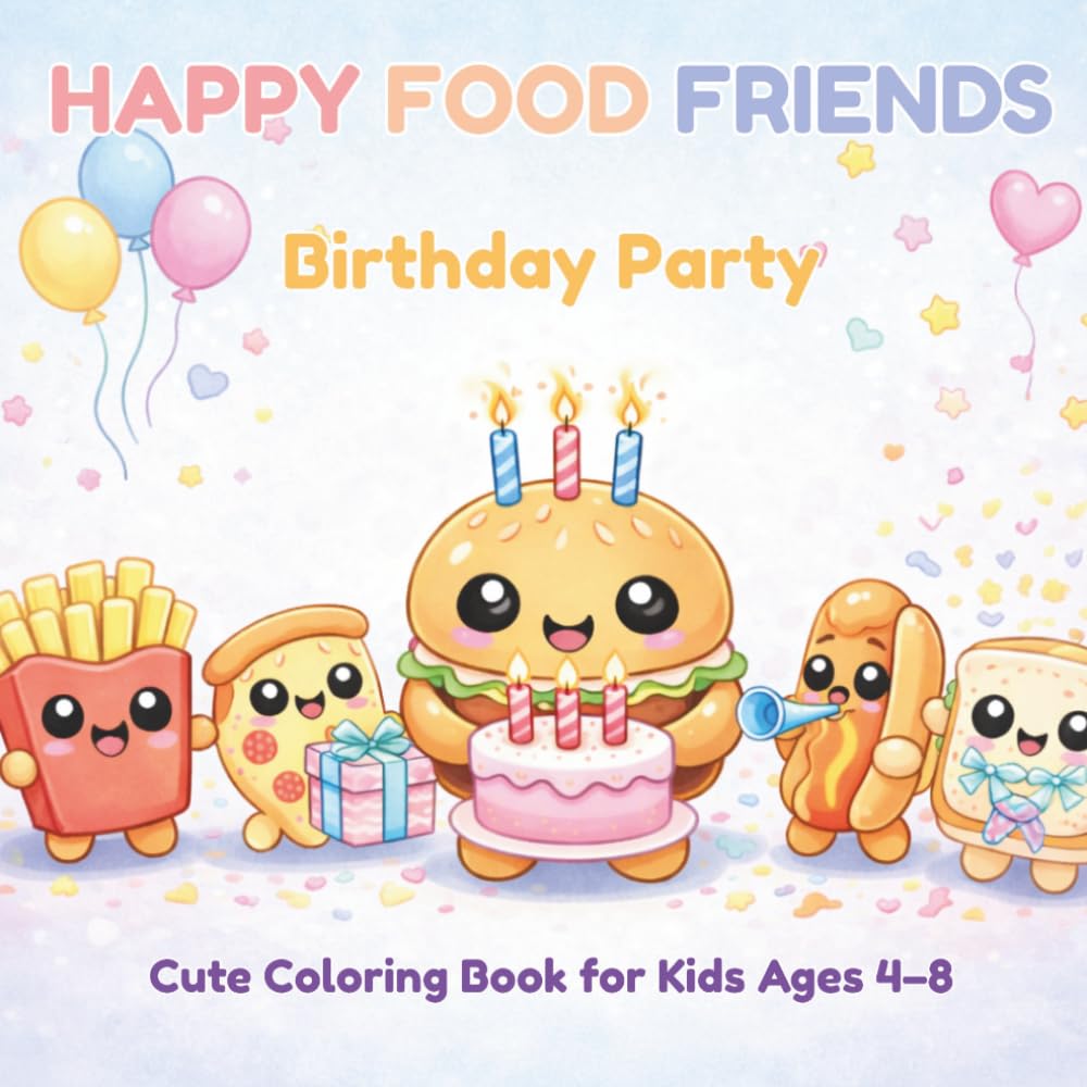 Happy Food Friends: Birthday Party: A Cute Kawaii Coloring Book for Kids Ages 4–8 with Fun Activities