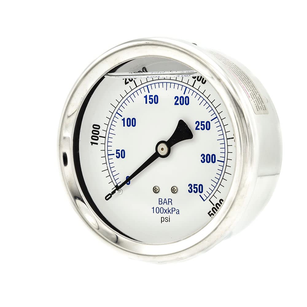 Liquid Filled Center Back Mount Pressure Gauge with 4 Dial, 0-5000 PSI, 1/4 Male NPT Connection, Stainless Steel CASE and Bezel (1)