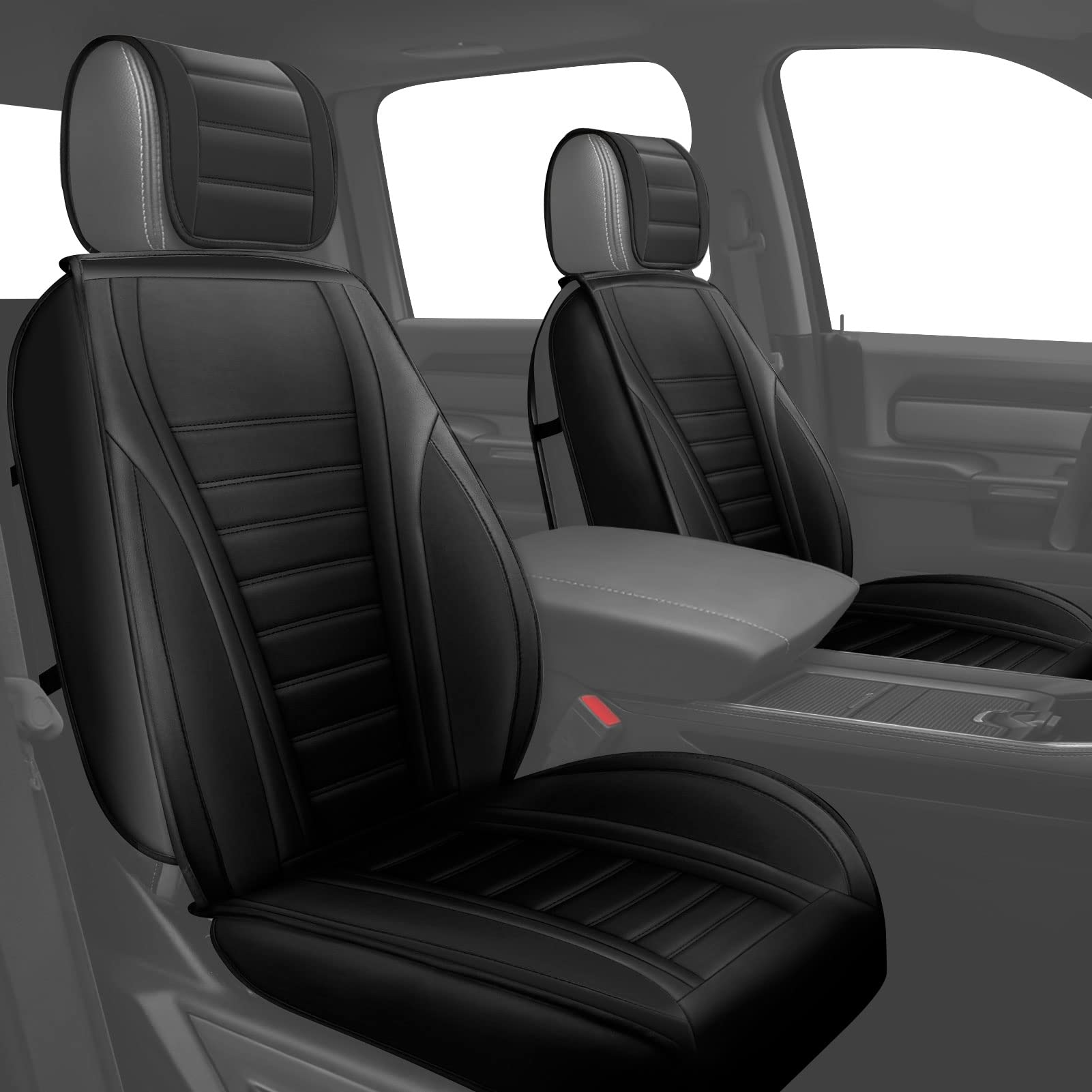 Octomo Seat Covers Full Set for Dodge Ram 1500 2009-2023 Classic Laramie Limited Bighorn Longhorn Mega Cab Pickup Truck Leather Seat Cover Front & Back (5 Pcs Full Set, Black)