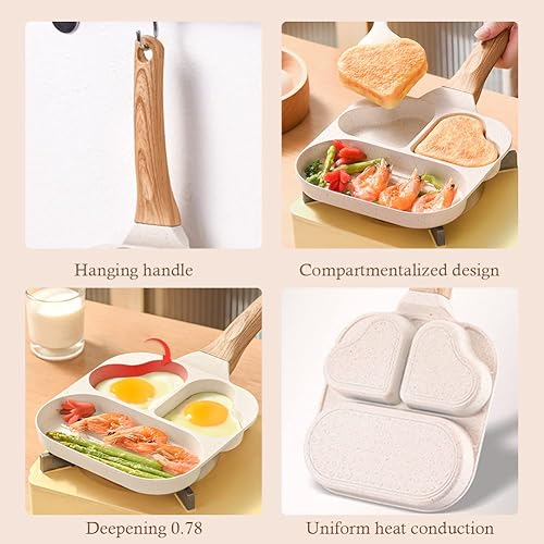 Miniatura 6 de Pearlead Sartén antiadherente para huevos fritos en forma de corazón sartén de 3 secciones para panqueques sartén para desayuno sartén para huevos