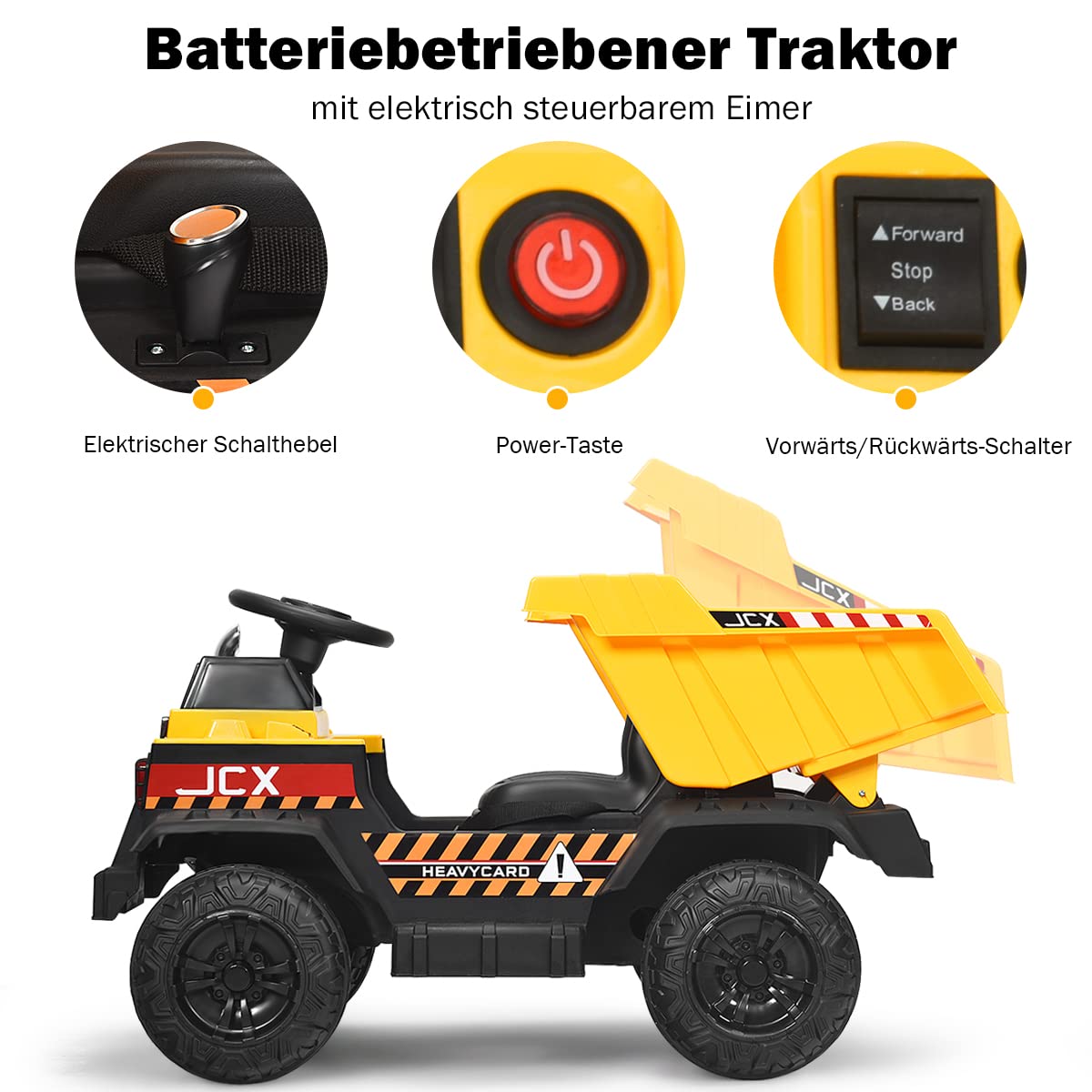 COSTWAY 12V Kinder Traktor mit elektrischen Heckschaufel, 3-Gang Aufsitztraktor mit 2,4G-Fernbedienung, Lichtern, Musik und Radio, Elektrotraktor 3-5 km/h für Kinder von 3-8 Jahren