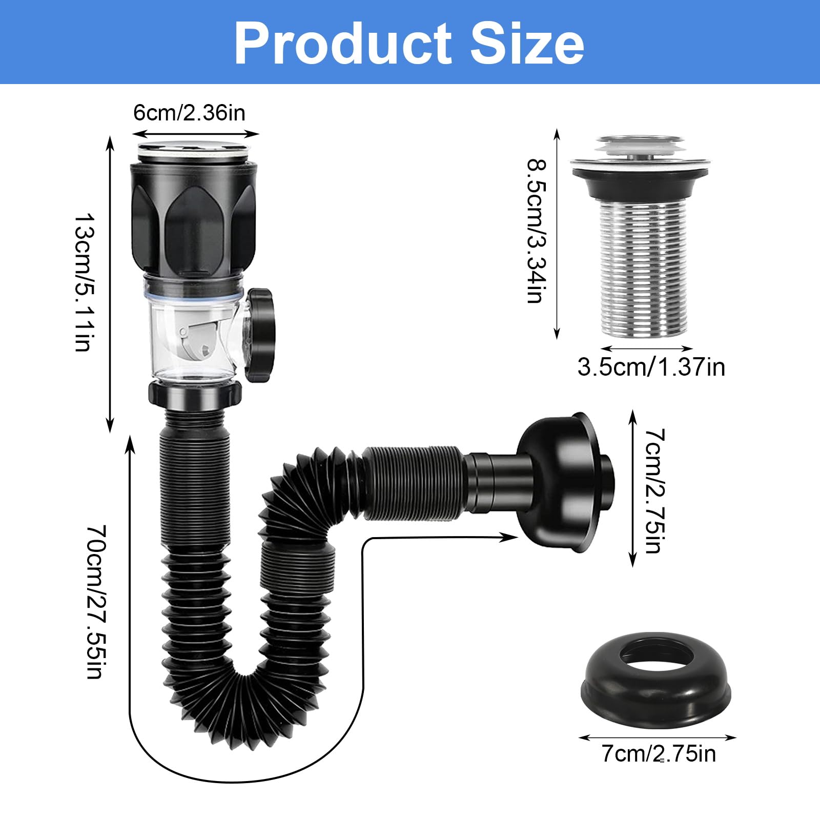Kits Desague Lavabo Sifón Lavabo Flexible Kits con Manguera de Drenaje Flexible Retráctil y Tapón de Drenaje Mergente Sifon Cocina Fregadero Kit de Desagüe de Fregadero para Baño y Cocina