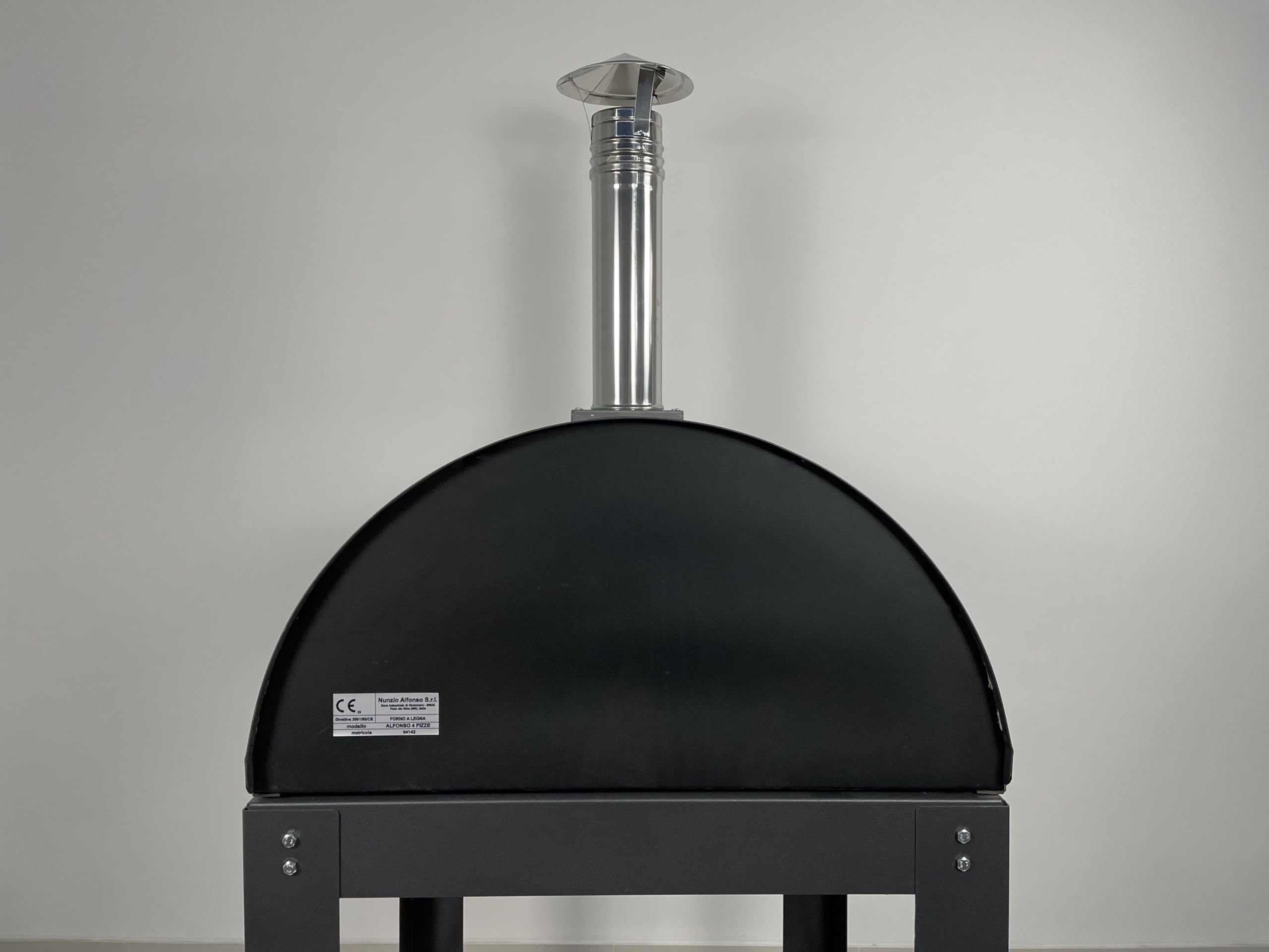 Forno a legna da esterno Alfonso 4 pizze con carrello, mattoni refrattari 3 cm, pirometro 500°C, acciaio inox - Made in Italy