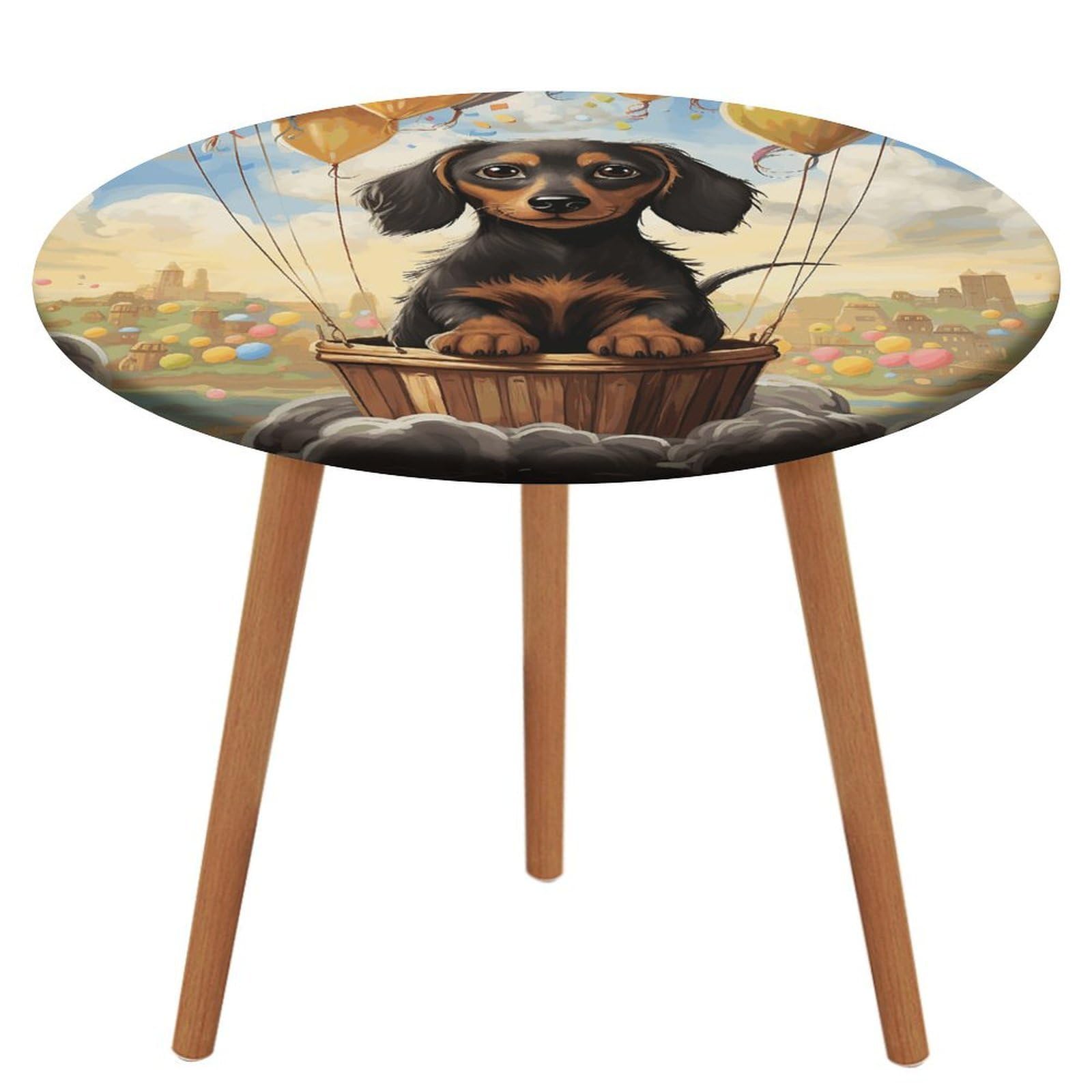 QMNLKH Waterproof Fitted Table Cover Dachshund Hot Air Balloon Round Tablecloth Wipeable for Indoor Outdoor Picnic Camping