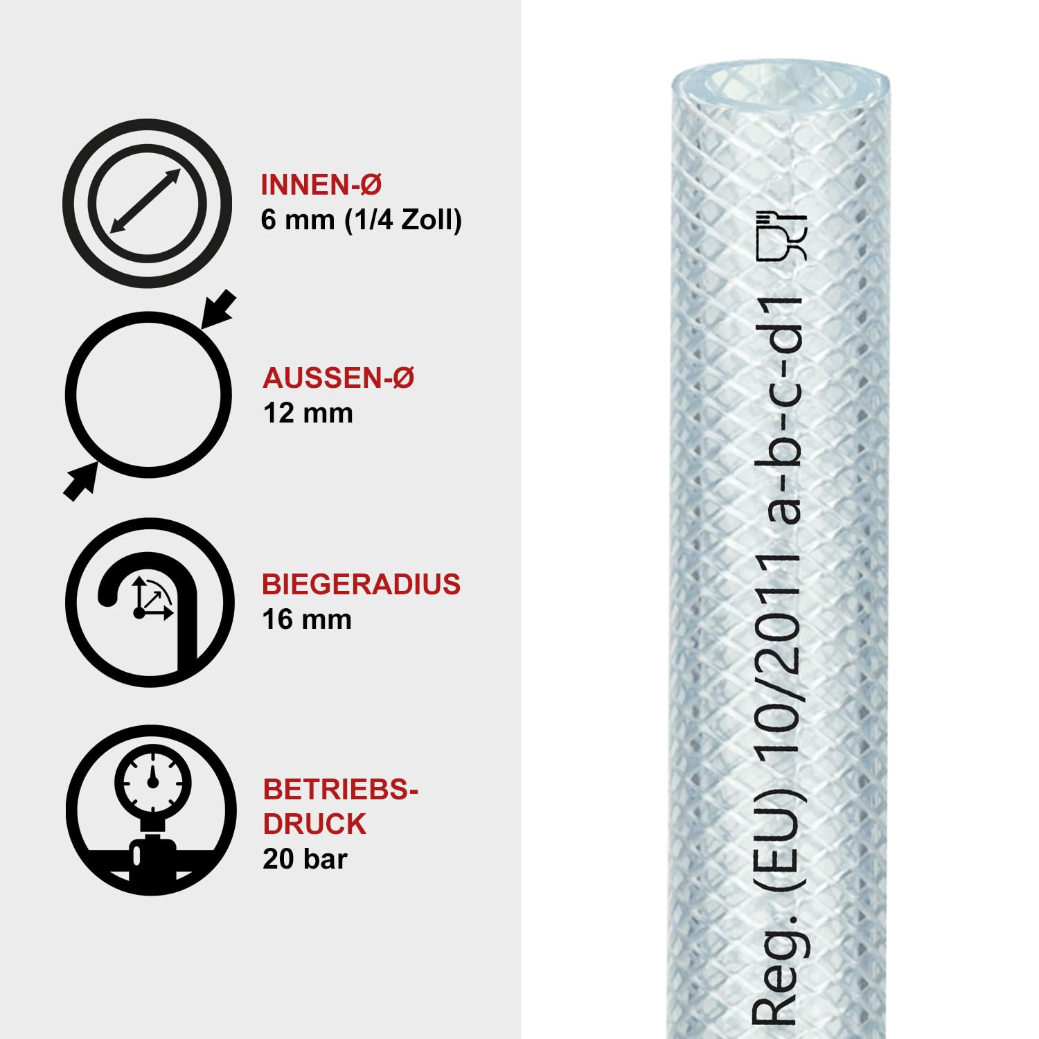 FLEXTUBE TX Ø 6mm x 3mm (1/4 Zoll), 20m lang PVC Schlauch mit Gewebe, Lebensmittelecht durchsichtig flexibel Druckschlauch Druckluftschlauch Lebensmittelschlauch Wasserschlauch Luftschlauch