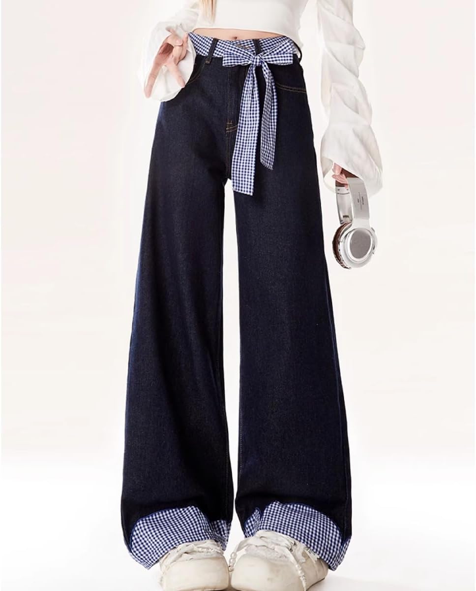 Fashion High Waisted Straight Leg Jeans Y2K Casual Cute Plaid Bow Tie Drawstring Patchwork Denim Pants - Image 2