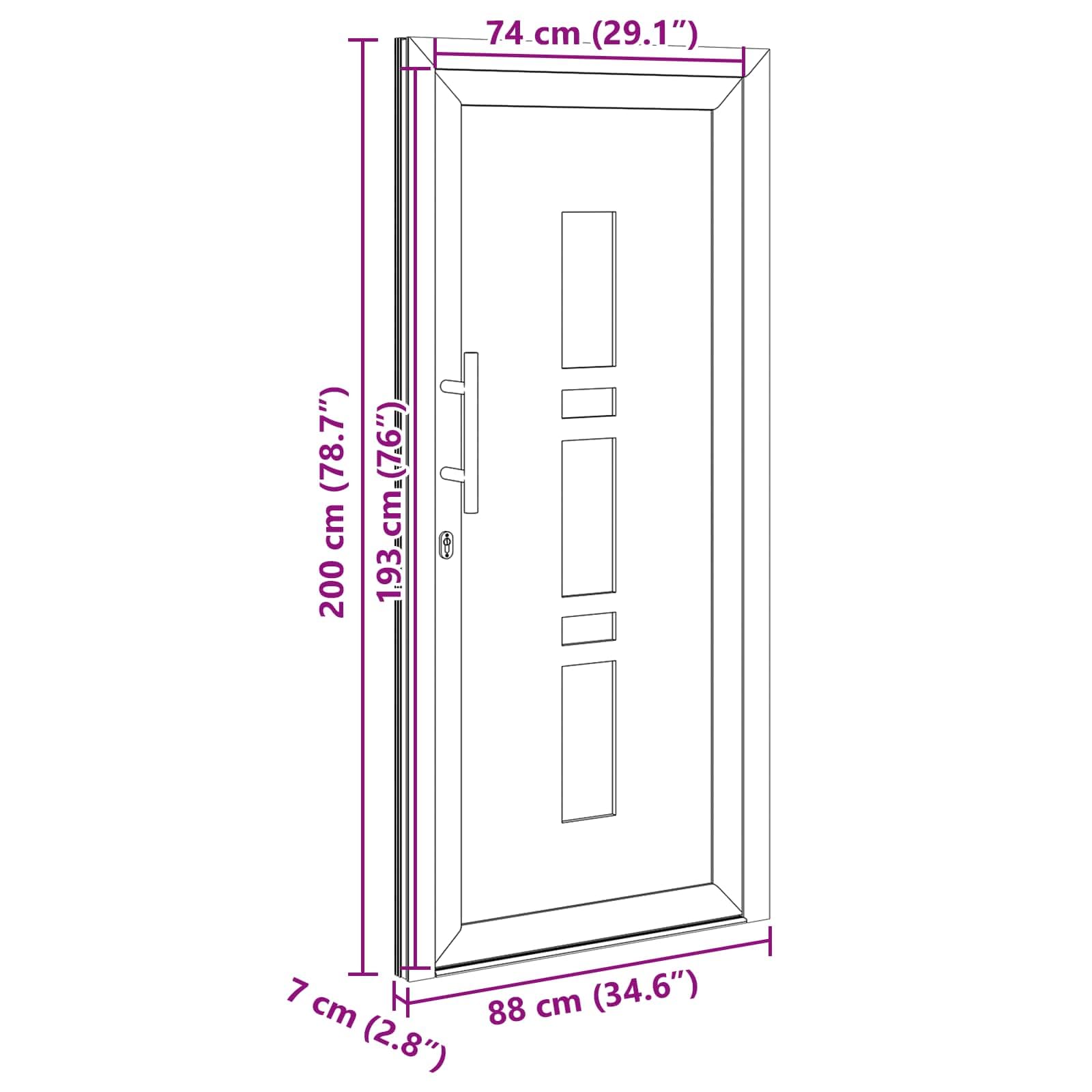 Antracytowe drzwi wejściowe PCW 88 x 200 cm z wkładkami szklanymi, drzwi wejściowe do użytku wewnątrz i na zewnątrz, łącznie z uchwytem i zawiasami, odpowiednie do renowacji, nowego budynku i