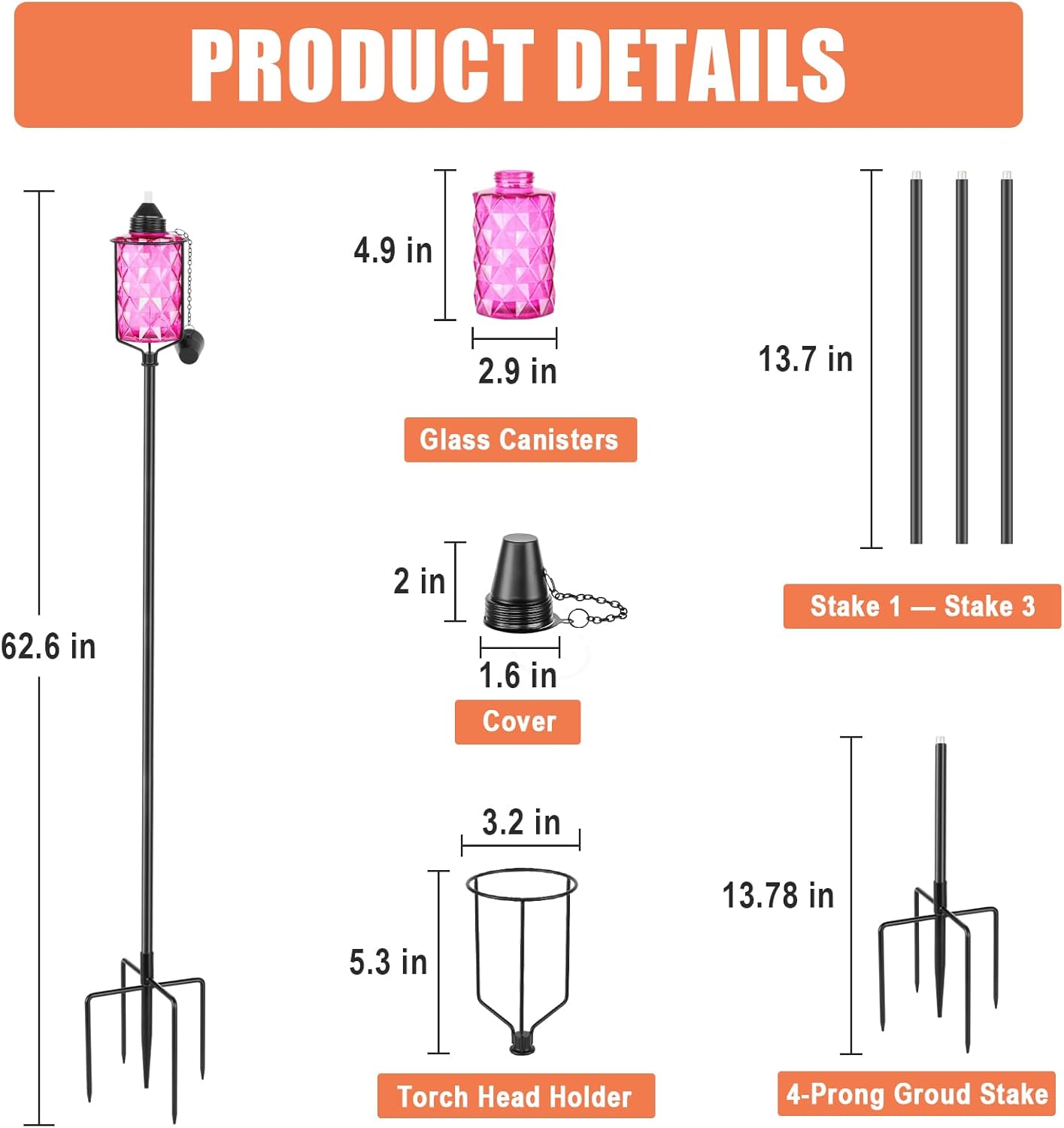 Glass Garden Torch for Outside 4 Pack, Citronella Torches with 5-Prong Grounded Stake,Colorful Outdoor Torch Garden Decor Canisters 12 oz,Metal Light Torches for Party Patio Pathway (Multi-Color)