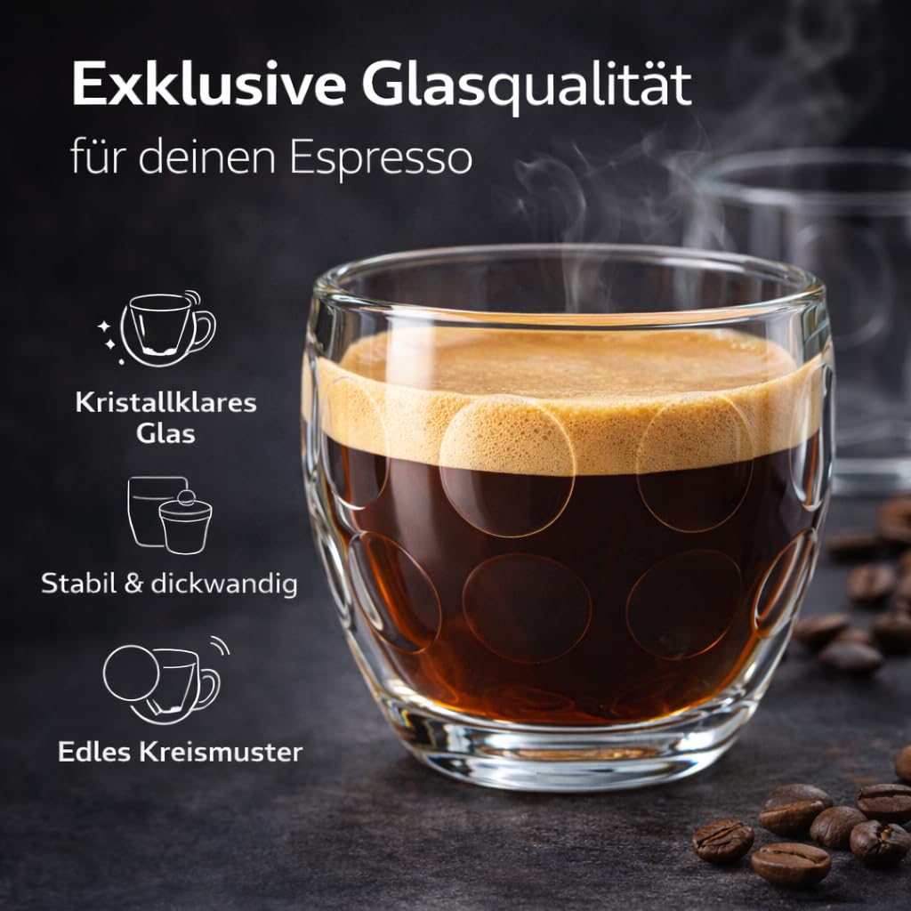 Espressotassen Glas 80ml - 6er Set - Espressogläser Mokkatassen – dickwandig & kristallklar – robuste Espresso Gläser für Siebträgermaschine & Kaffeevollautomat