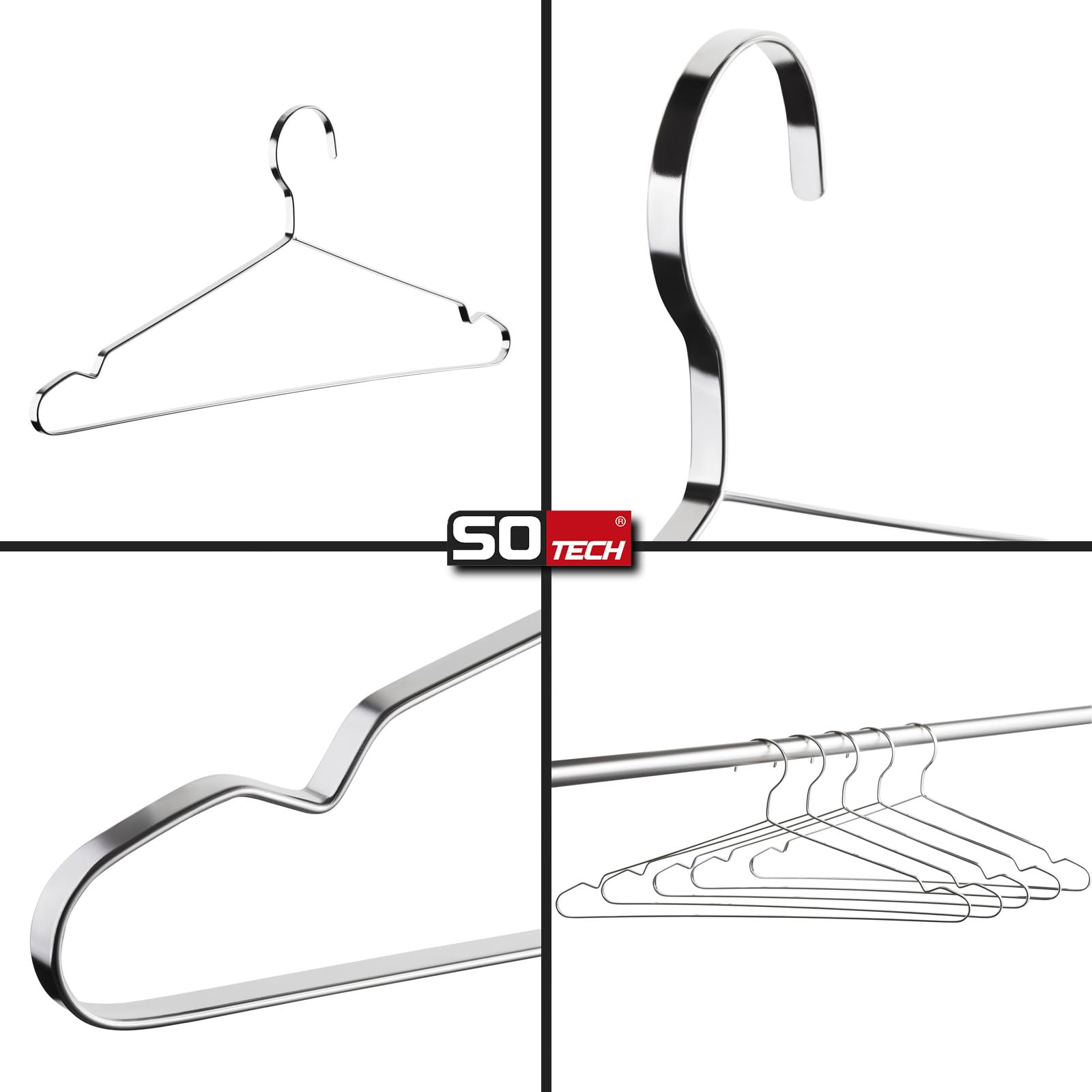 SOTECH 10er Set Design Kleiderbügel Edelstahl gebürstet (SS201) 450 x 193 mm Flachprofil: 8 x 2,5 mm mit Antirutsch-Nut Hemdenbügel für Kleiderschränke und Garderoben