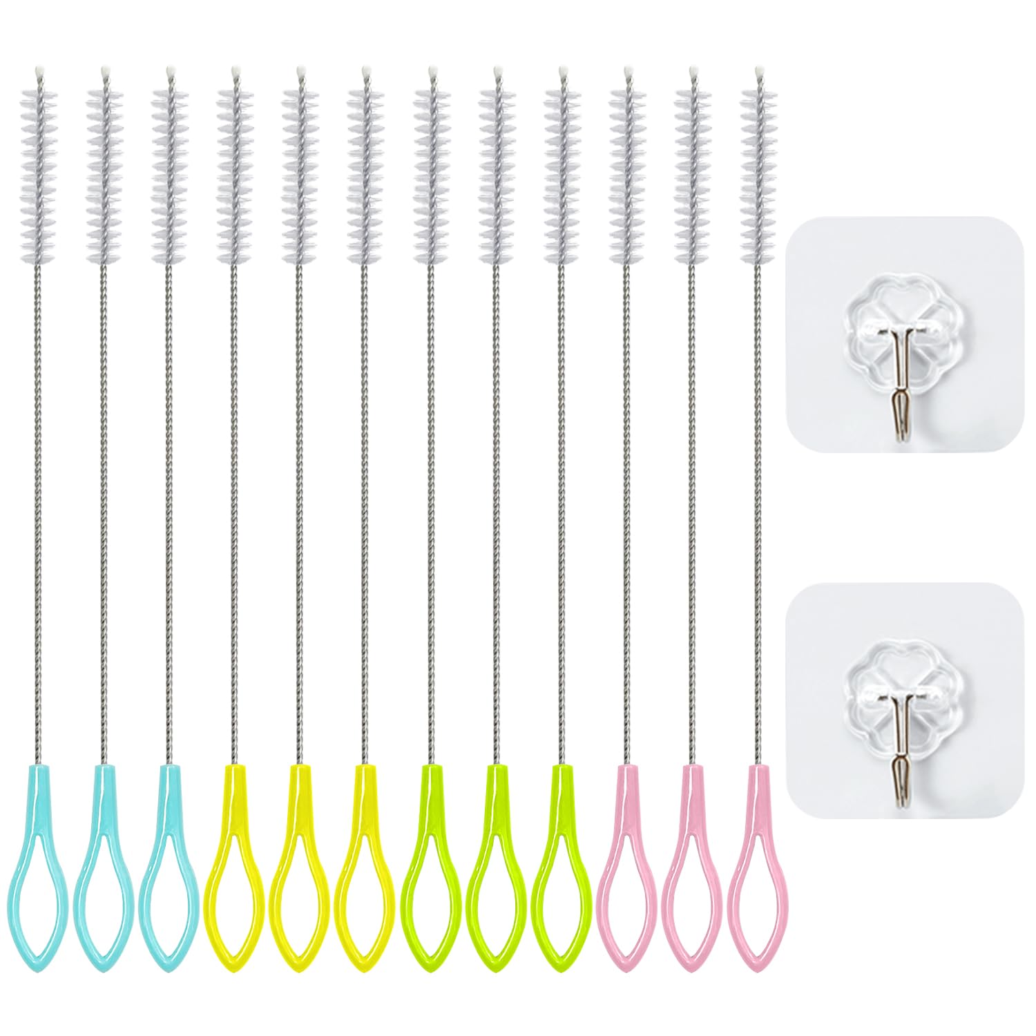 12 Cepillos De Limpieza para Pajitas, 2 Ganchos Transparentes, Cepillo para Pajitas De Acero Inoxidable, Cepillo para Limpiar Tubos De Ensayo, Cepillo para Tubos para Limpieza