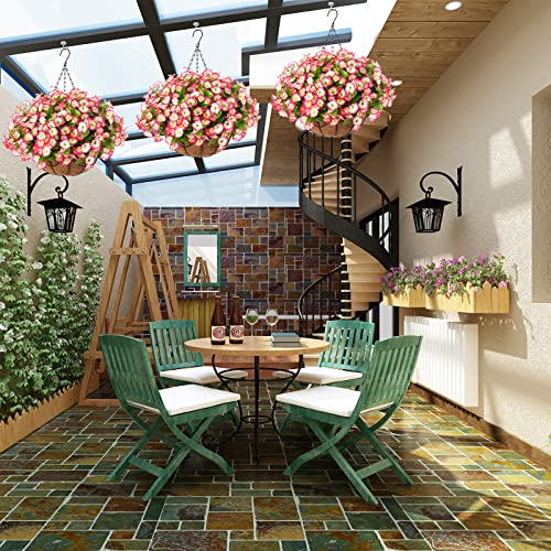 Ammyoo Artificial Hanging Flowers In Basket, Artificial Petunias Flower Arrangement,12 Inch Coconut Lining Basket With Morning Glories Fake Plants For Patio Garden Porch Deck Decoration(Pink) #TOP3