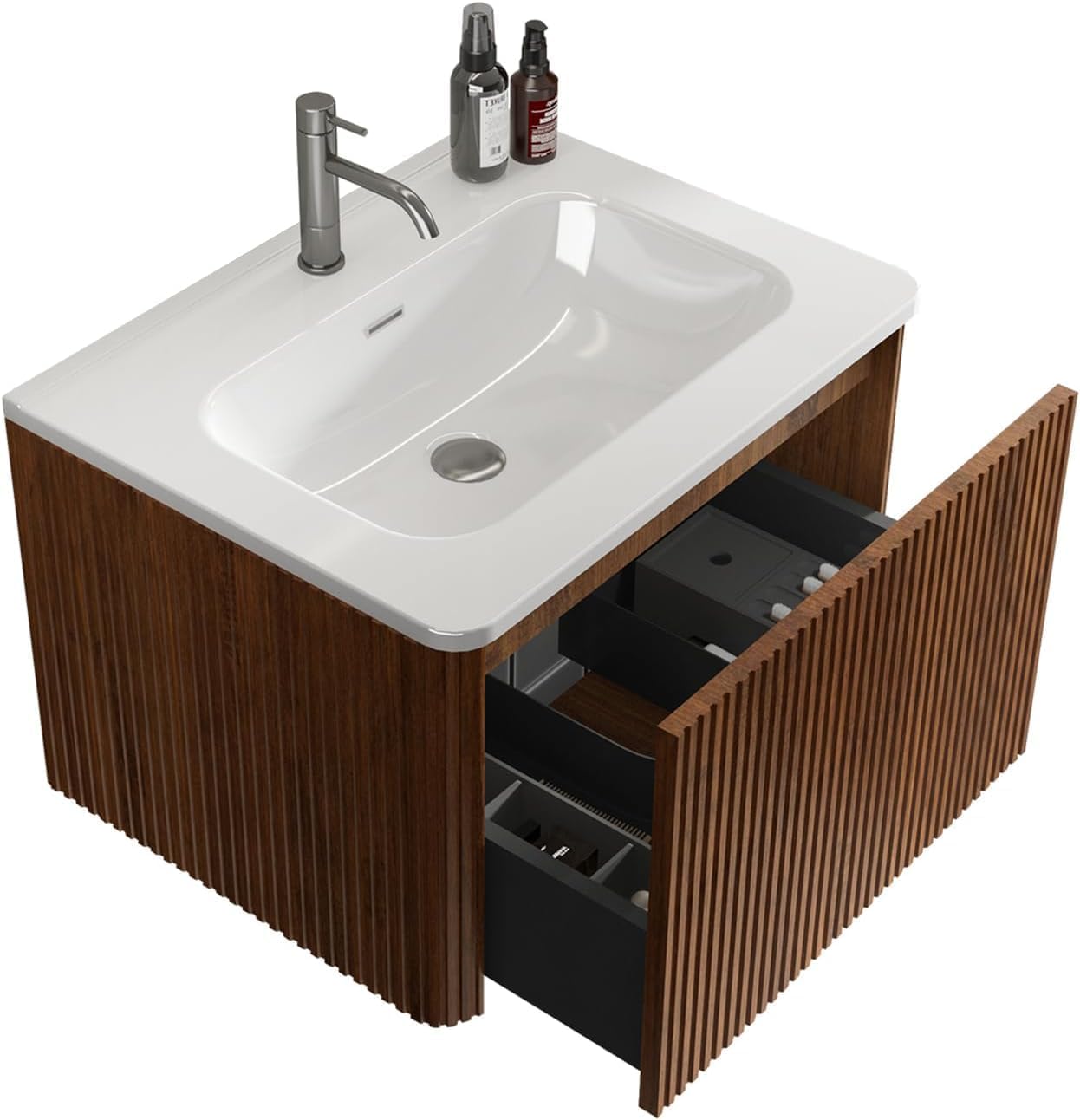 24" Floating Bathroom Vanity with Sink Modern Fluted Bathroom Vanity Set with White Ceramic Basin &Storage Drawer Wall Mounted Vanity Sink Cabinet for Small Space,Walnut