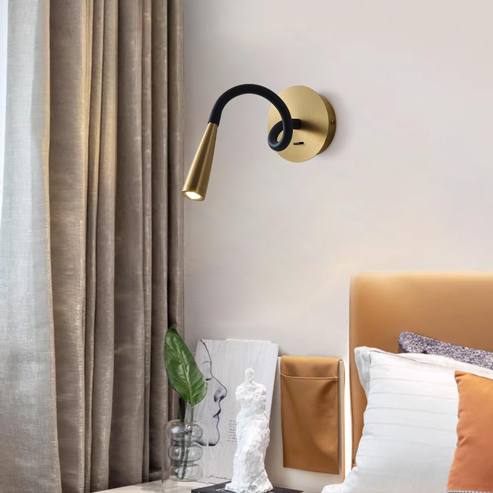 Nowoczesna lampa ścienna z regulowanym wężem LED, elastyczną łabędzią szyją i włącznikiem/wyłącznikiem, idealna do sypialni, stolika nocnego, gabinetu lub kącika do czytania.