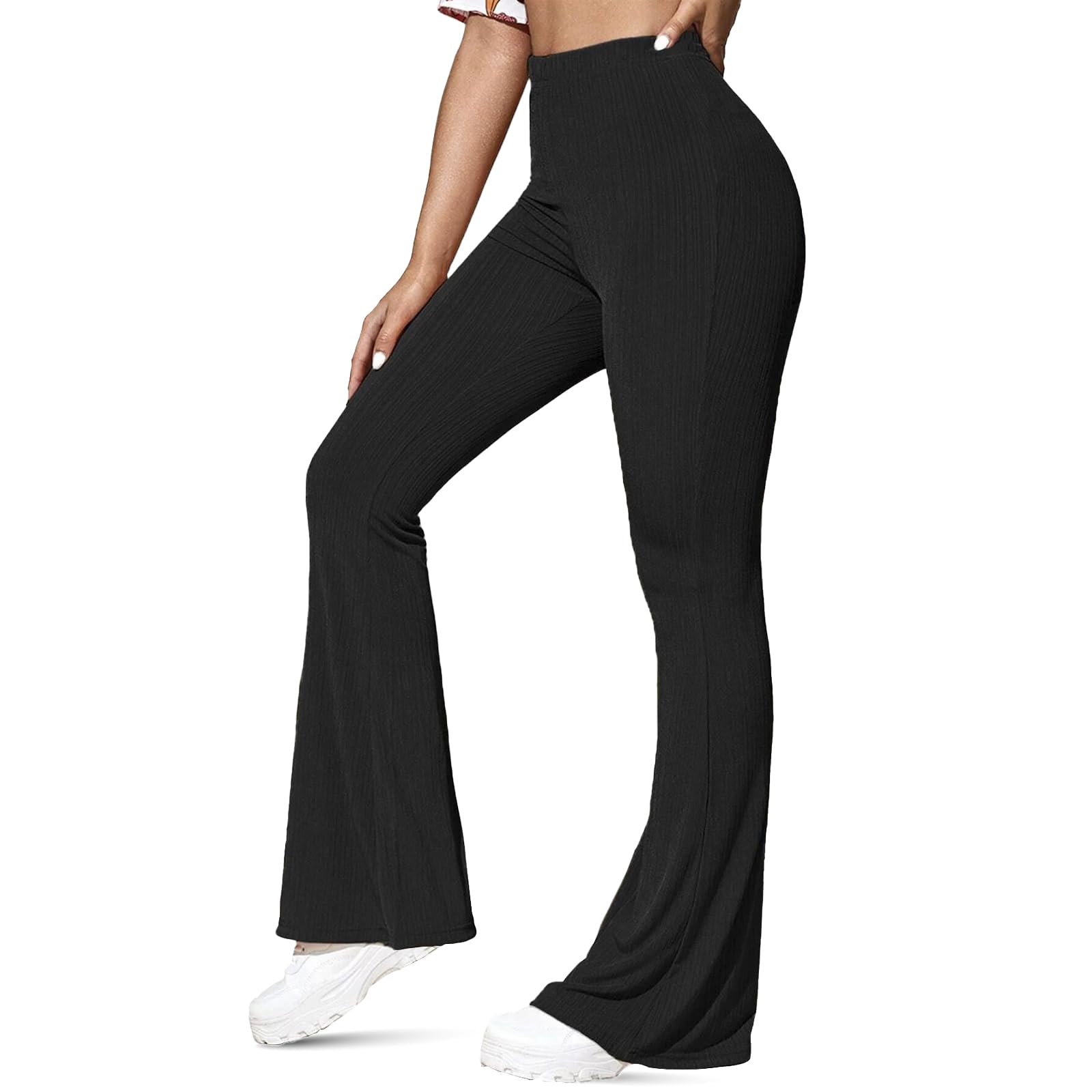 Womens Petite Bootcut Range Rib Knit High Waist Stretchy Tummy Control Wide Leg Bootleg Yoga Pants Palazzo Flare Trousers for Ladies