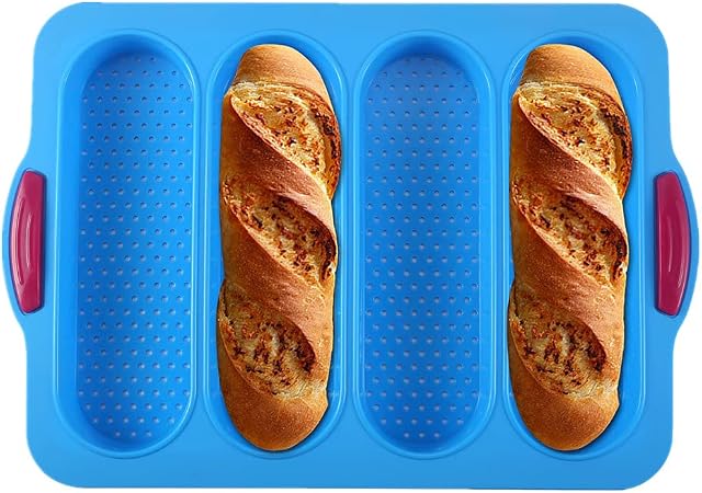 KeepingcooX Baguette Baking Tray Perforated French Stick Loaf Baking Molds Pan for 4 Baguettes, Non Stick Silicone, 34x24 cm, Loaf Mould, French Bread, Breadstick Bread Rolls with Crispy Crusts