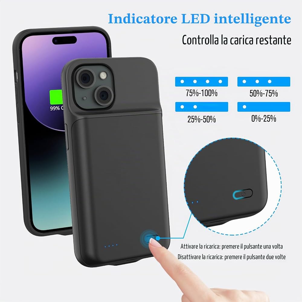 Custodia Batteria Per IPhone 15 – 8500mAh Power Bank Integrato, Ricarica Intelligente, Protezione Antigraffio E Antiurto, Nero - 4