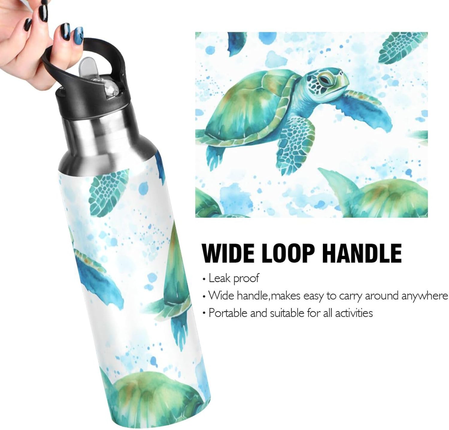 Sea Turtles Teal Water Bottle with Straw Lid Kids Insulated Stainless Steel Water Flask Sports, 20 Oz Hot Cold - Image 2