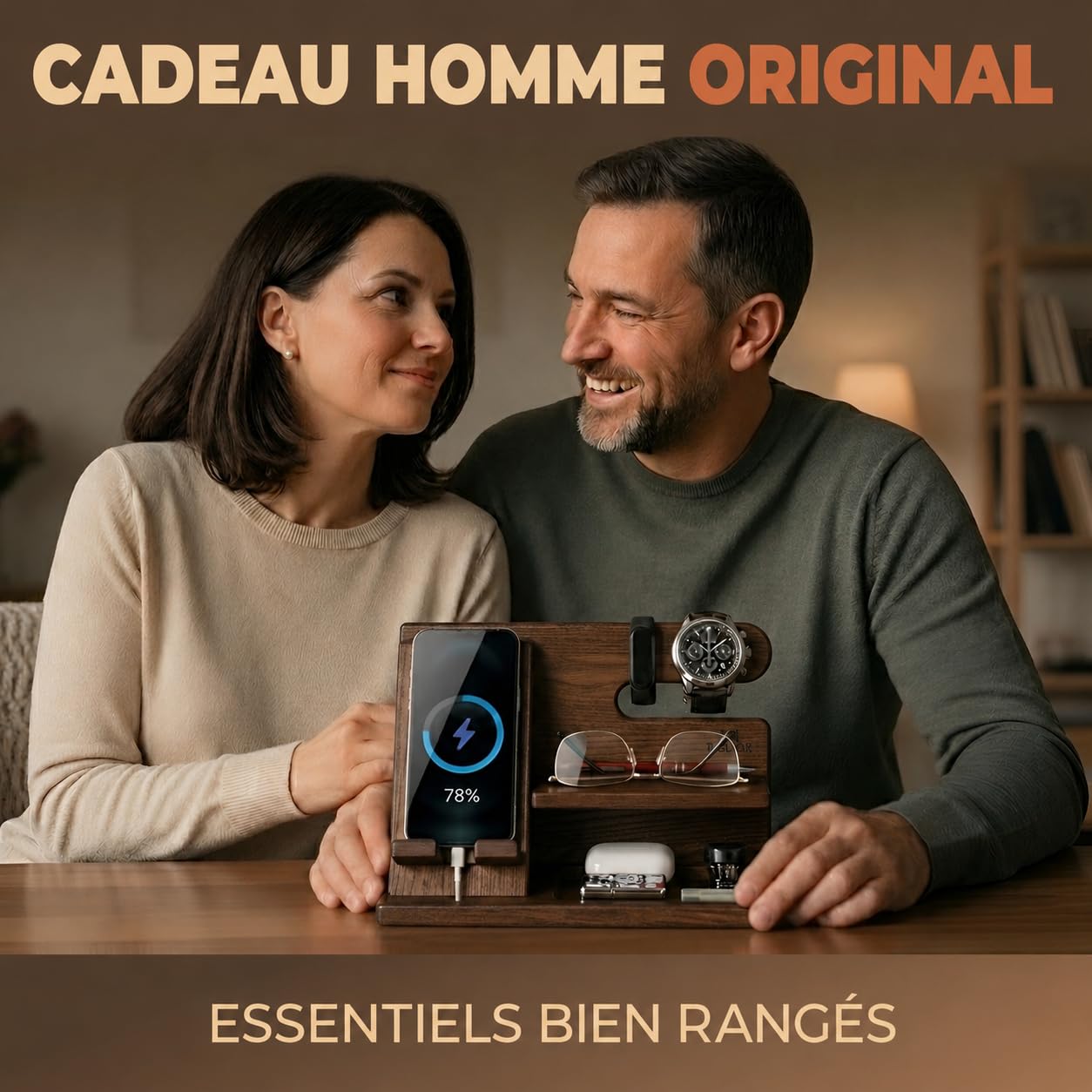 TESLYAR Station d'accueil en bois pour téléphone, montre, porte-clés, porte-monnaie, Gadget homme