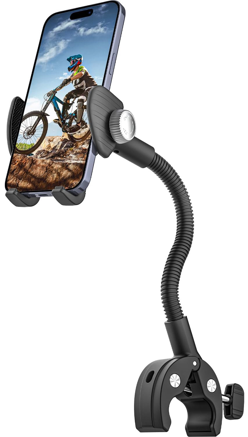 Support de téléphone pour poussette de fauteuil roulant, support de téléphone en col de cygne pour vélo, support de téléphone pour tapis de course, vélo d'appartement, compatible avec iPhone 16 Pro