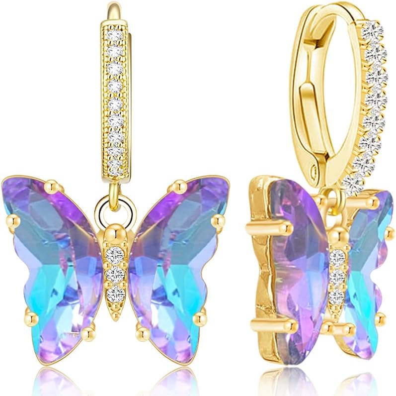 Sparkly Crystal Butterfly Huggie Hoop Earrings Gold Rhinestone Animal Dangle Drop Earrings For Women