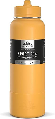 Hydrapeak Botella de agua deportiva de 40 onzas con aislamiento y tapa con popote o para beber, a prueba de fugas y derrames, mantiene las bebidas