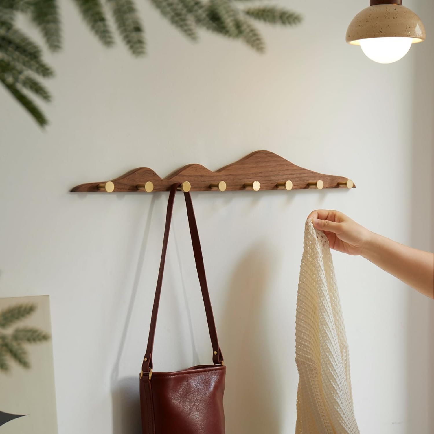 Elegant Wall Coat Rack with Hooks Walnut Wood Solid Coat Hanger Wall Mount with 8 Brass Hooks, Moisture-Resistant Wax Oil Finish for Home (Walnut, 8 Hooks)