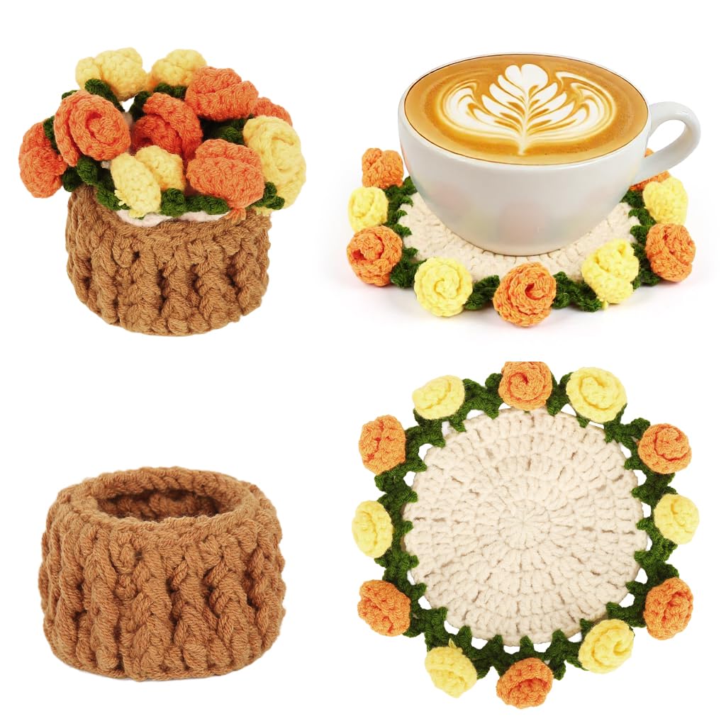 ZIBUYU® Handmade Crochet Rose Flower Coaster Set with Matching Storage Pot, Elegant Yarn Crochet Coasters with Dual Color Rose Floral Edge, Decorative Desk & Table Mat for Home, Office & Gift-image-3