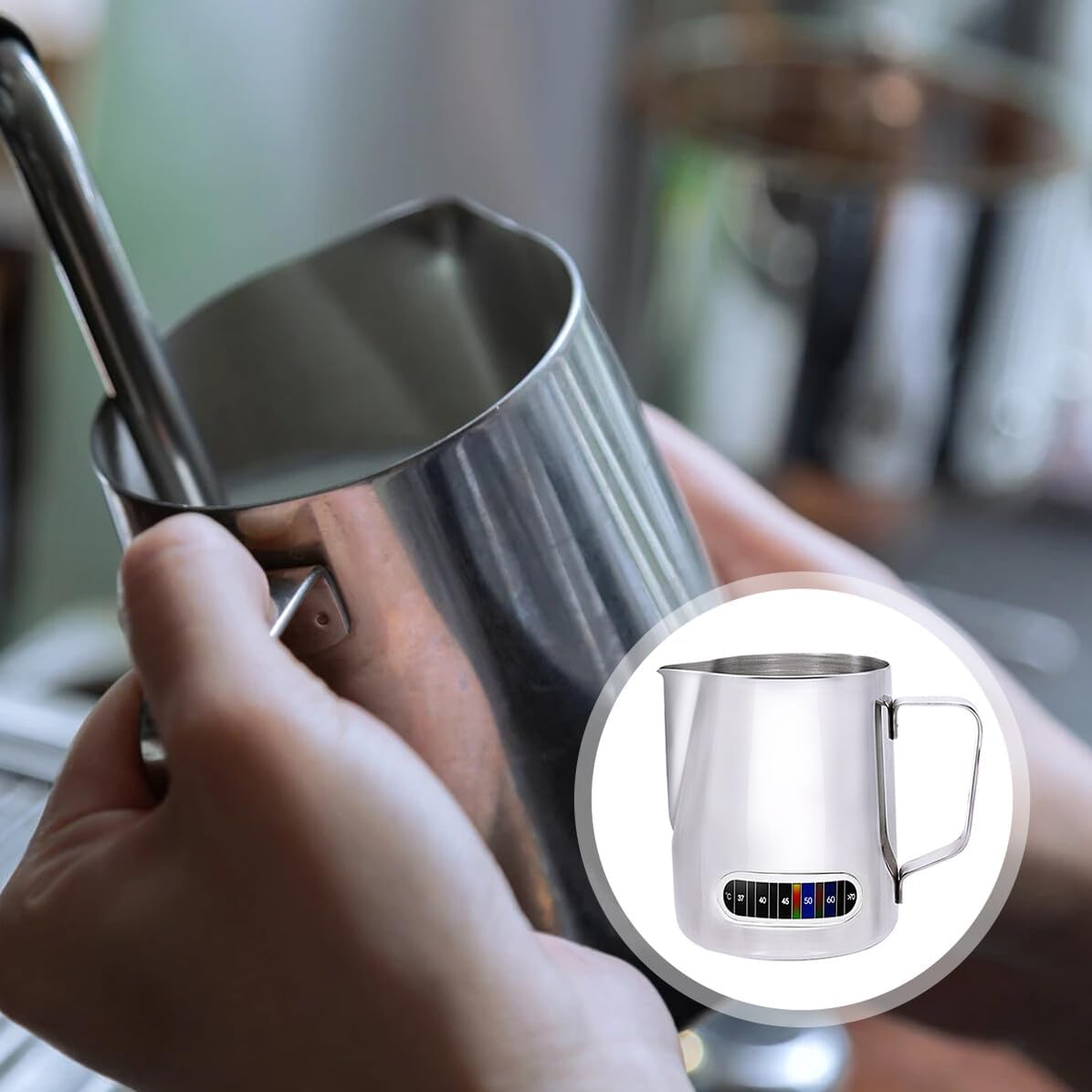 Temperature-controlled Milk Frothing Pitcher with Stainless Steel Steaming Jug for Espresso and Cappuccino Silver Frother Cup with Thermometer Sticker for Latte Art and Daily Use