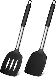 Joyfair Silicone Spatula, Stainless Steel Spatula Pack of 2, Cooking Turner/Non Stick Kitchen Slotted Spatula Ideal for Fish, Eggs, Pancakes, Heat Resistant & Dishwasher Safe, Black