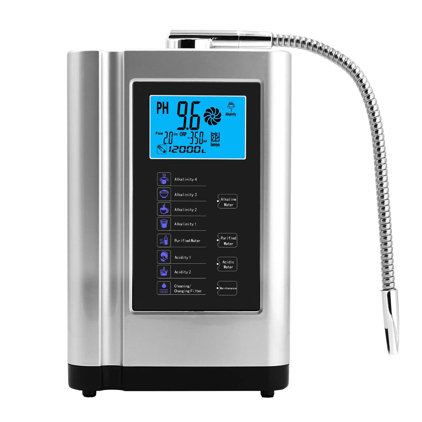 Ionizador de agua alcalina con 7 configuraciones de agua, hasta -500 mV ORP, máquina purificadora de agua PH 3.5-10.5, de filtro de agua para el hogar, 285x170x110 mm,Silver