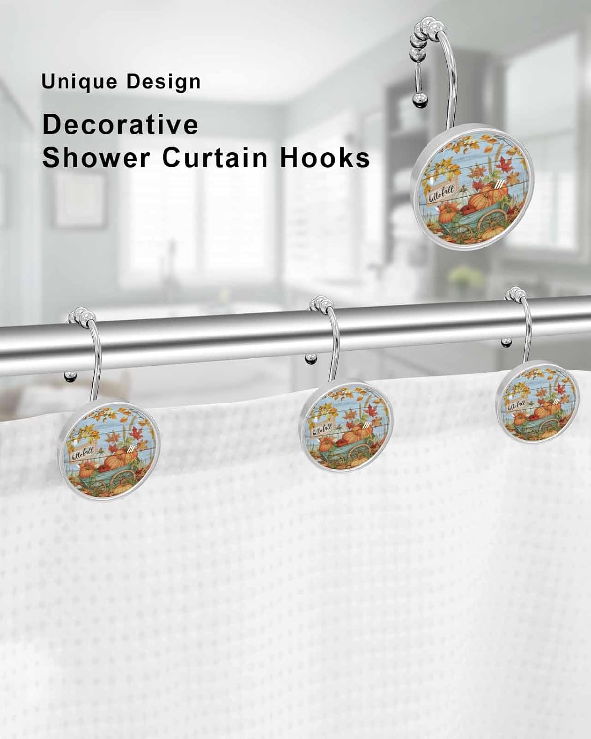 Shower Curtain Hooks 12 Pcs Fall Watercolor Cart Maple Leaves Blue Wood Grain Stainless Steel Rust Proof Rolling Shower Curtain Rings, Decorative Shower Curtain Hooks Hangers for Bathroom