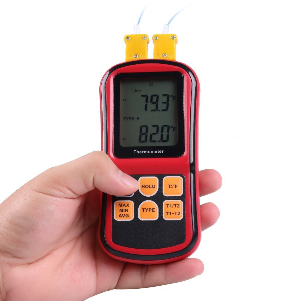 Termometro digitale Dual Channel RGBS con due termocoppie K tipo, retroilluminazione LCD per K/J/T/E/R/S/N, per industria agricoltura meteorologia