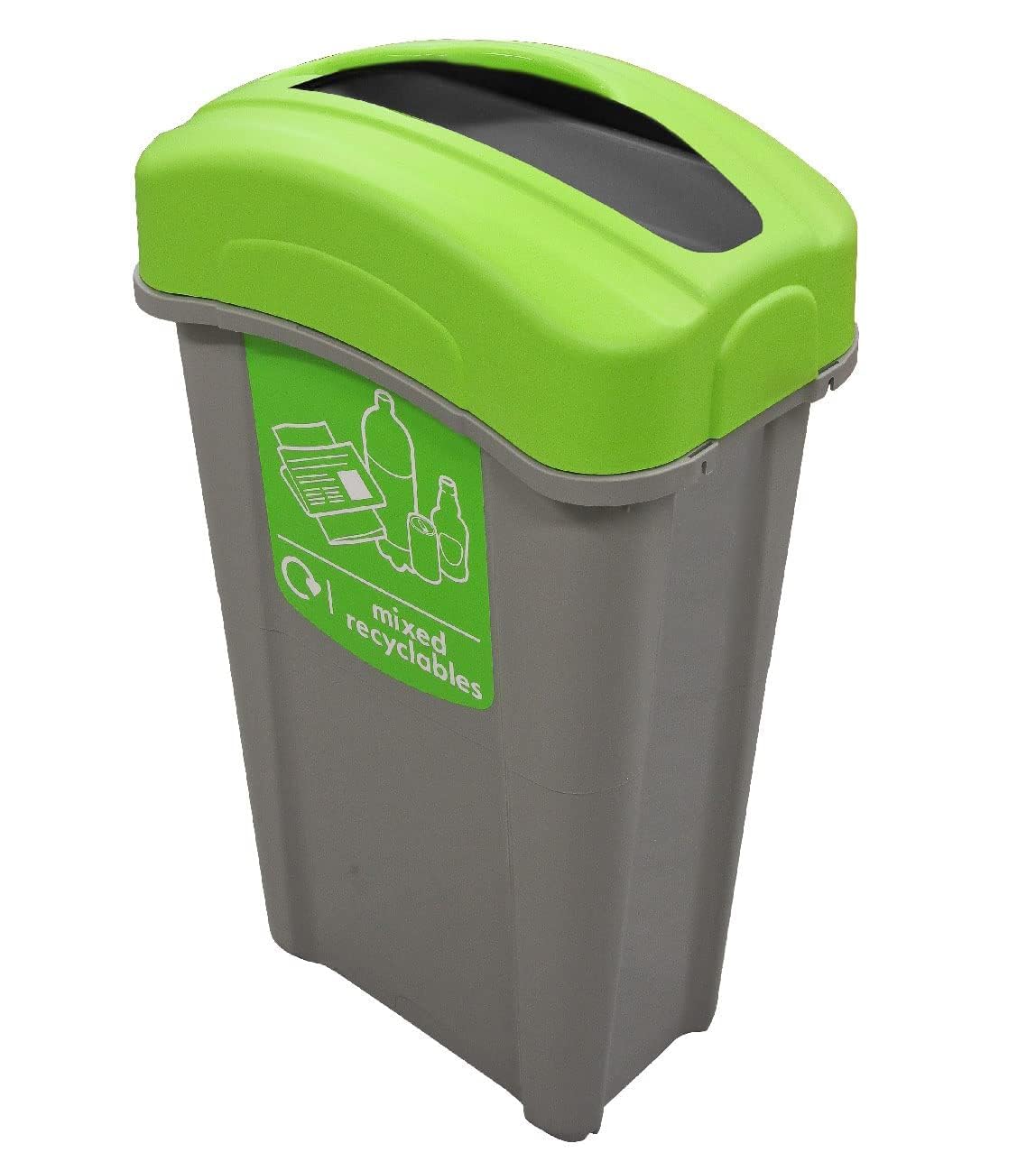 Glasdon Eco Nexus 85 Mixed Recyclables Recycling Bin (Grey, Green Sticker) – 85-Litre Mixed Waste Bin with Narrow Footprint – Slim Indoor Recycling Container