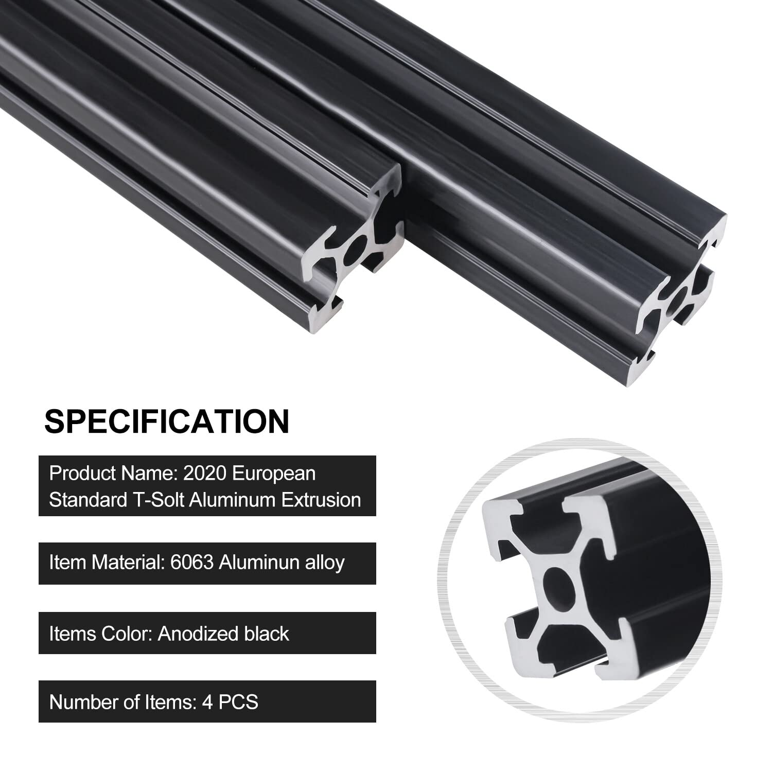 CNCMANS Lot de 4 profilés en aluminium 600 mm 2020 - Type T - Noir - Norme européenne - Profilé linéaire anodisé en aluminium avec écrou en T et connecteur coudé en L pour machines CNC