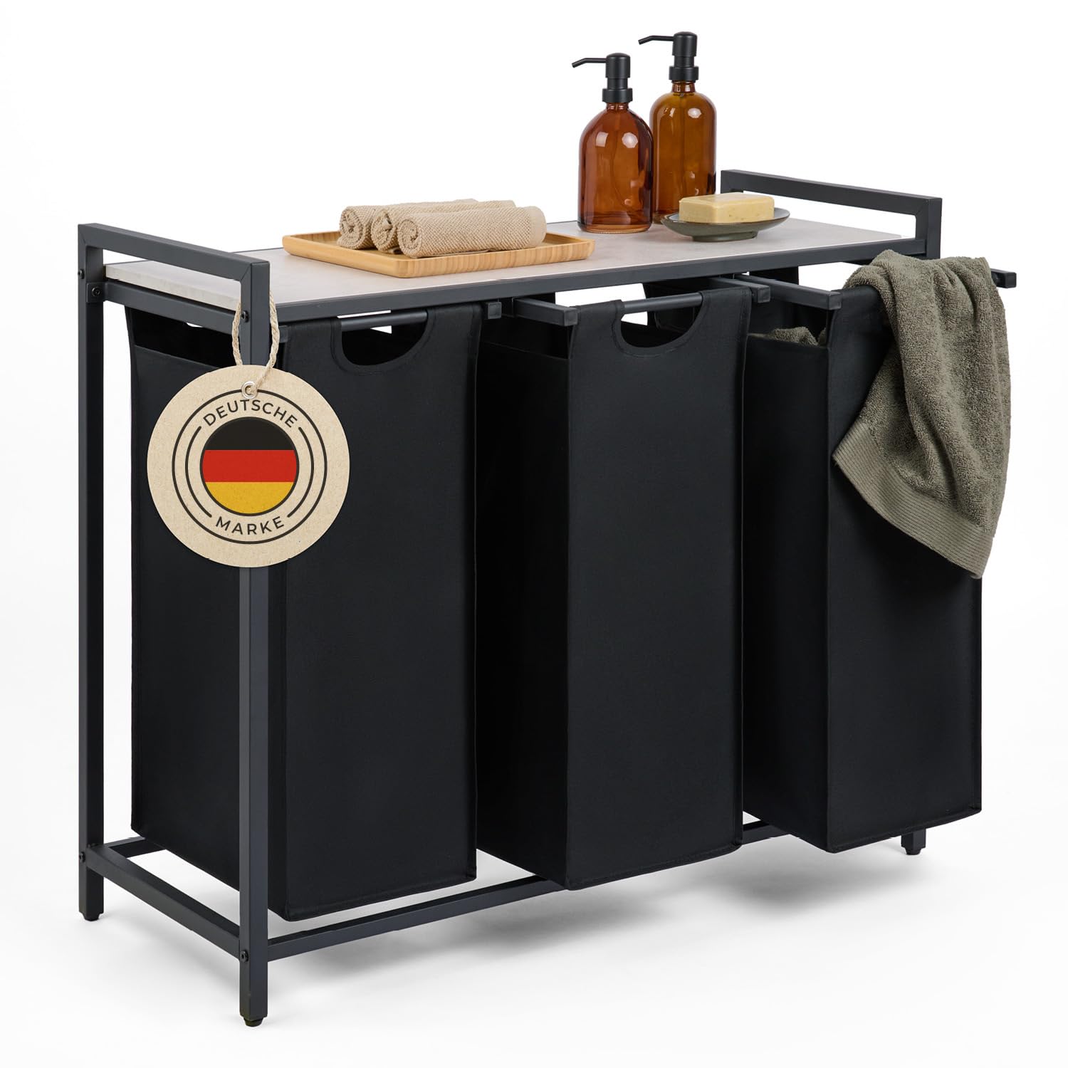 Blumtal Wäschesammler 3 Fächer Schwarz - Wäschekorb mit Ablage in Beton-Optik - Wäscheschrank mit Metall-Rahmen in Schwarz - Wäschekorb mit Beinen - Wäschesortierer 3 Fächer/Schmutzwäschebehälter