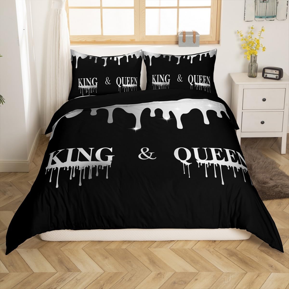 Feelyou Silver Black Mr Mrs Duvet Cover King King Queen for Couple Man Woman Comforter Cover His and Hers Bedding Set Romantic Bedspread Cover Lightweight Bed Set with 2 Pillow Case (No Comforter)