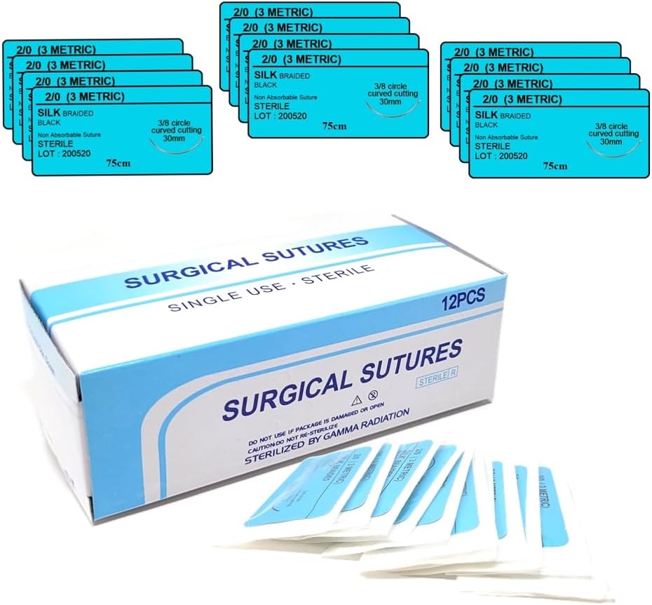 HTI Training Suture Thread 2-0 Silk Sterile with Needle Box of 12 Pcs for Nursing Student Training Kit RN, EMT, Vet Demo