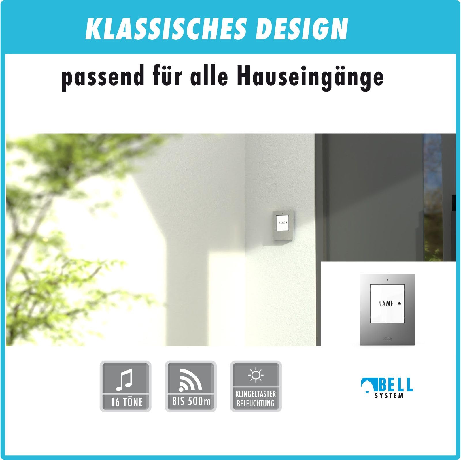 m-e Funkklingel Bell 5024 A Anthrazit mit Sender für 2-Familienhaus und Empfänger für Steckdose | Erweiterbare kabellose Türklingel mit 500 Meter Reichweite | Türglocke mit Handybenachrichtigung