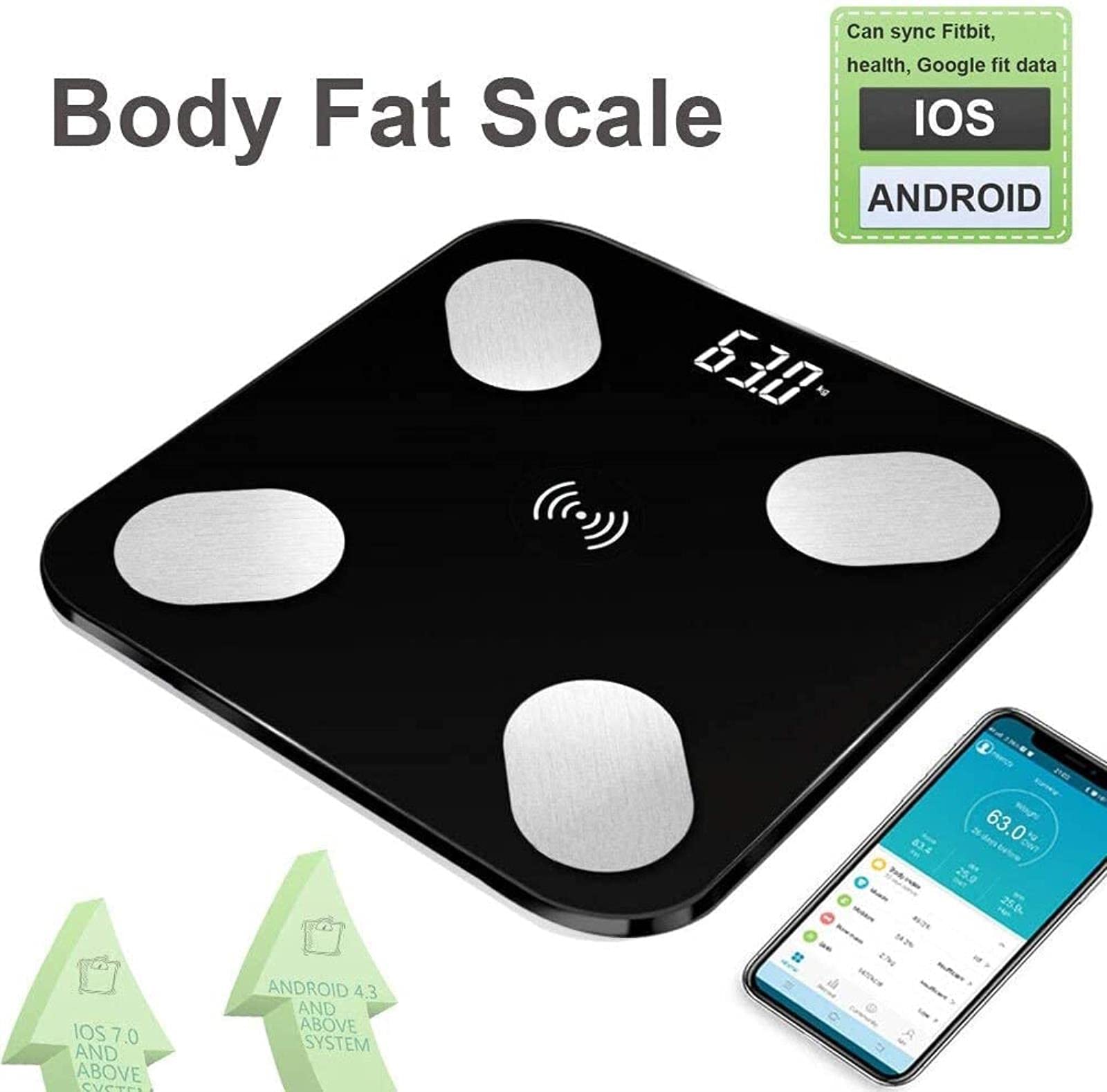 Waga ważąca Waga do pomiaru tkanki tłuszczowej Podłoga Naukowa Inteligentna elektroniczna LED Cyfrowa waga Wagi łazienkowe Balans Aplikacja Bluetooth Android IOS Elektroniczna waga (kolor:czarny) (cza